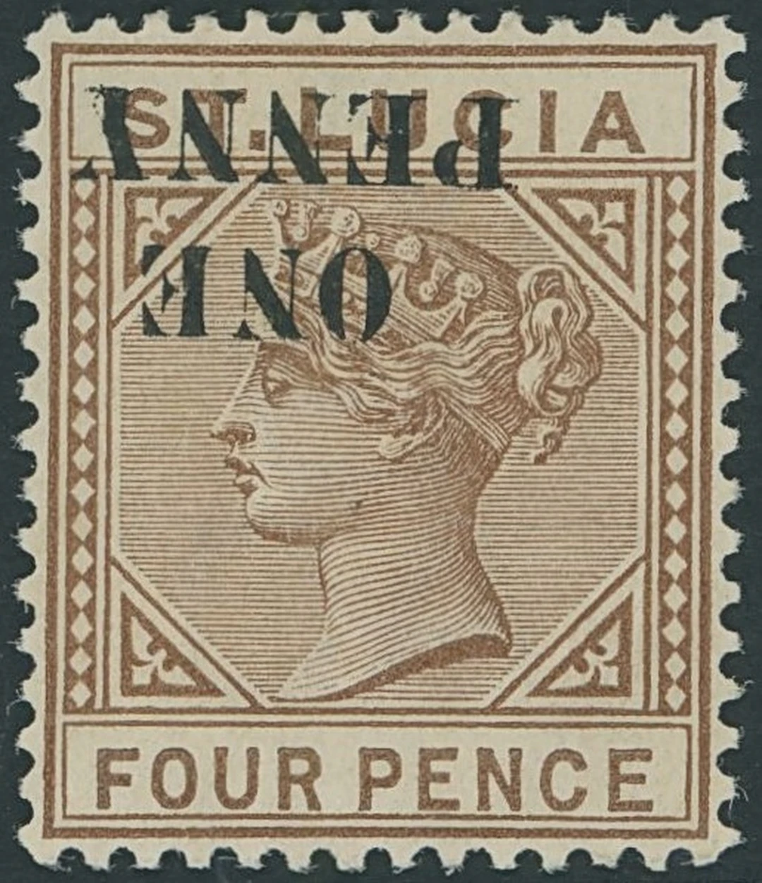 St. Lucia Issued Stamps 1891-92 Die I, 4d. brown Type I, variety surcharge