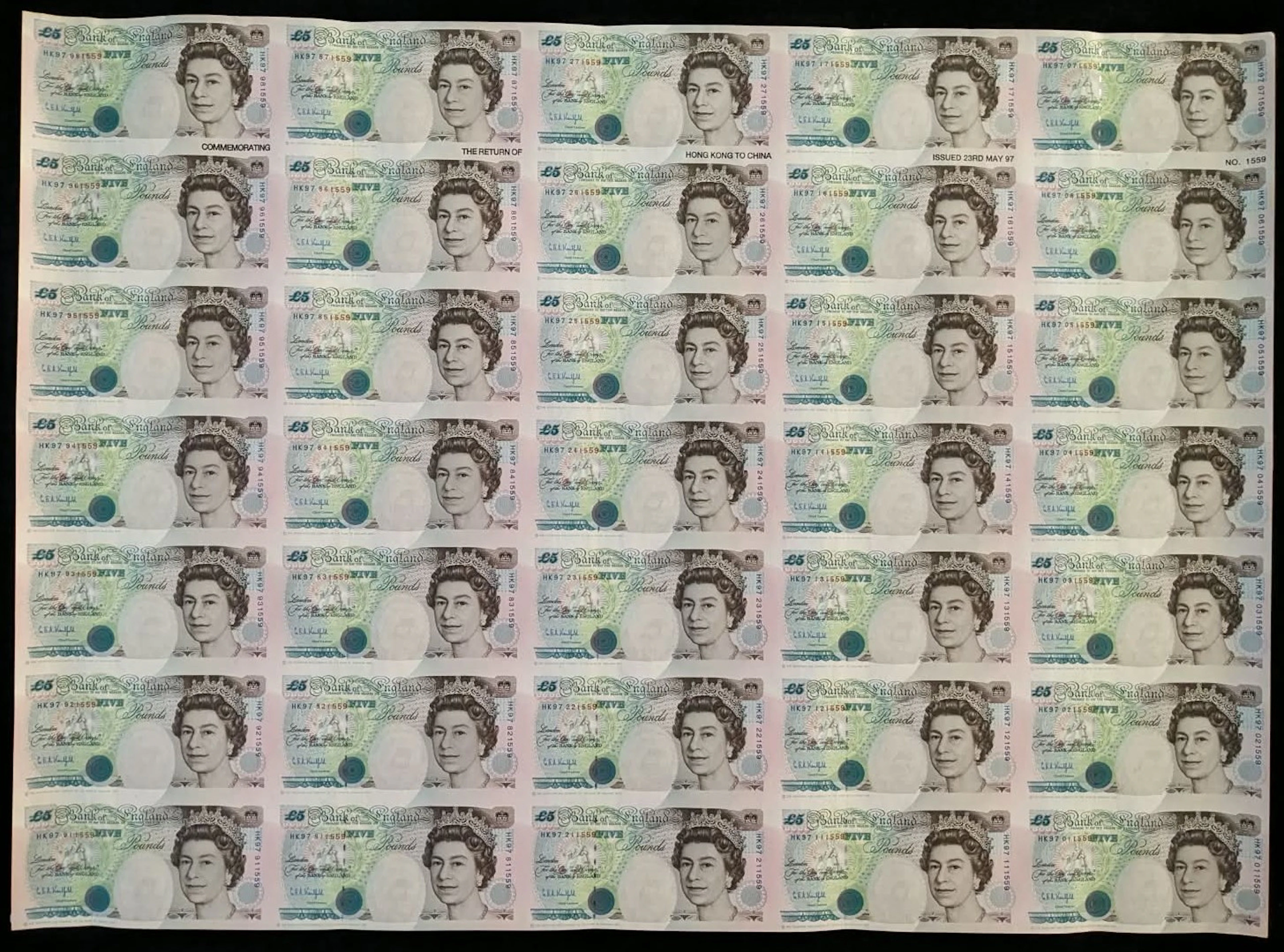 Bank of England, Great Britain, an uncut sheet of 35x £5, 1997, prefix HK97
