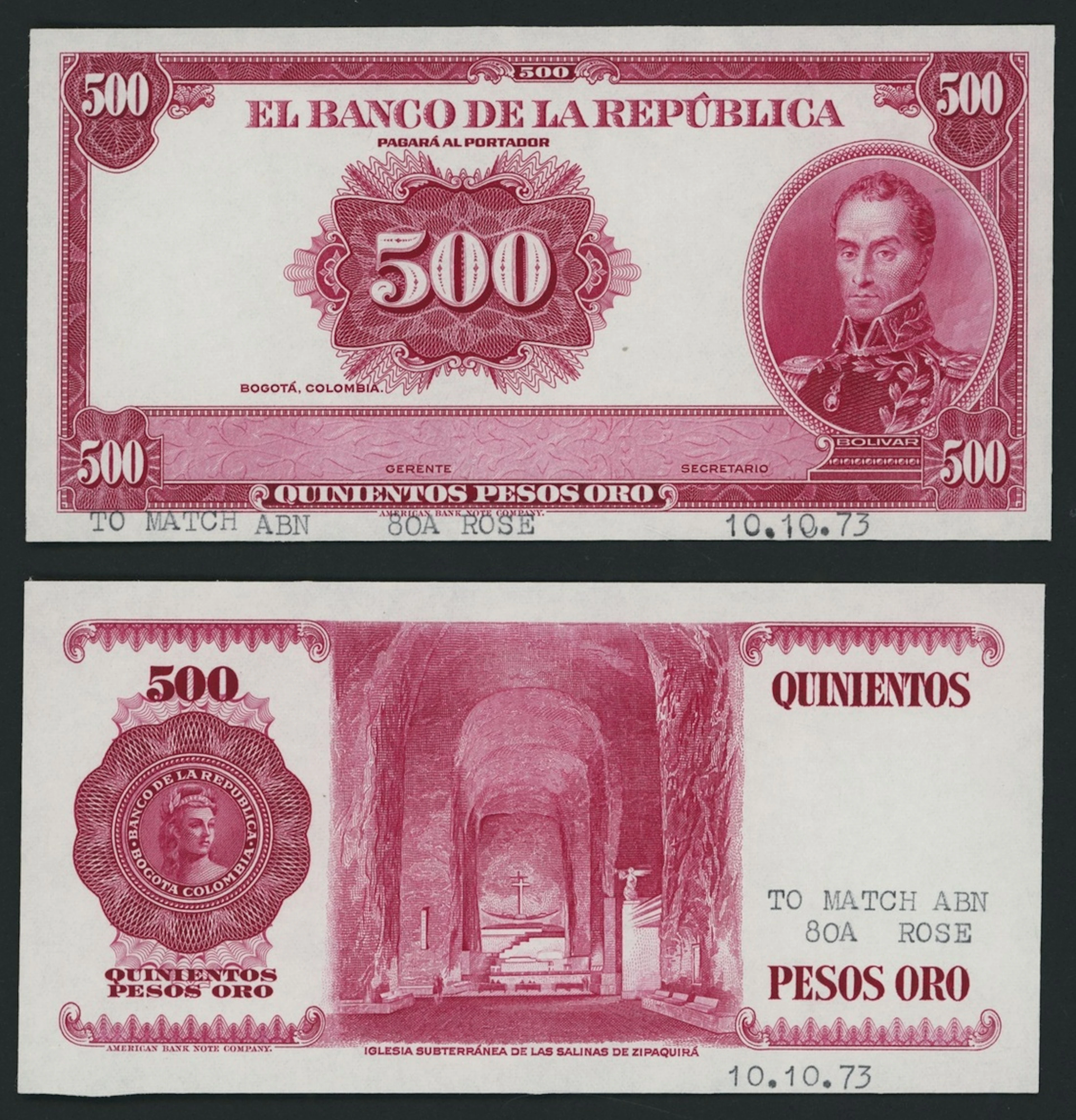 El Banco de la República, Colombia, [2 notes] front and back proofs