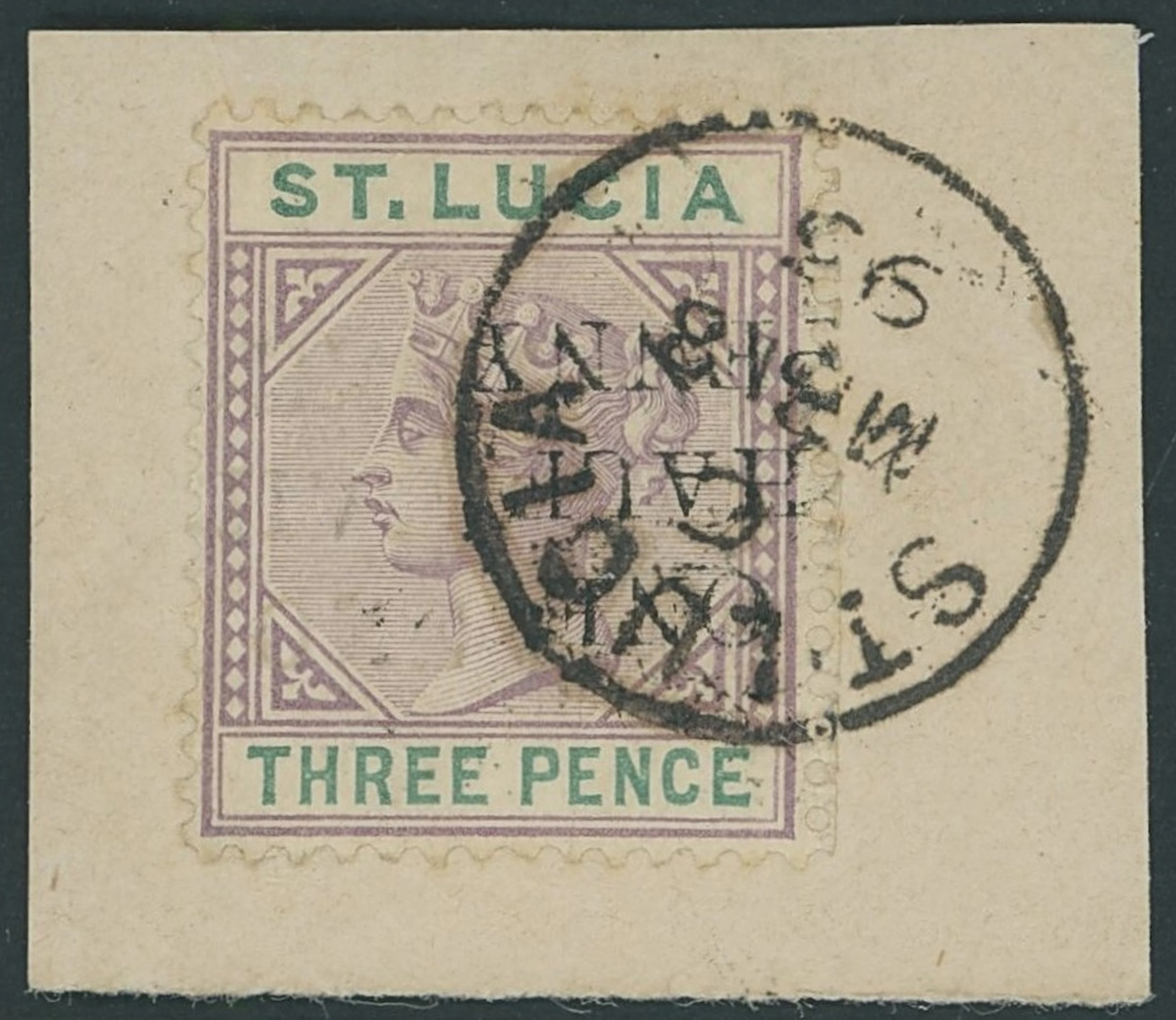St. Lucia 1891-92 Die II, ½d. on 3d. dull mauve and green, variety