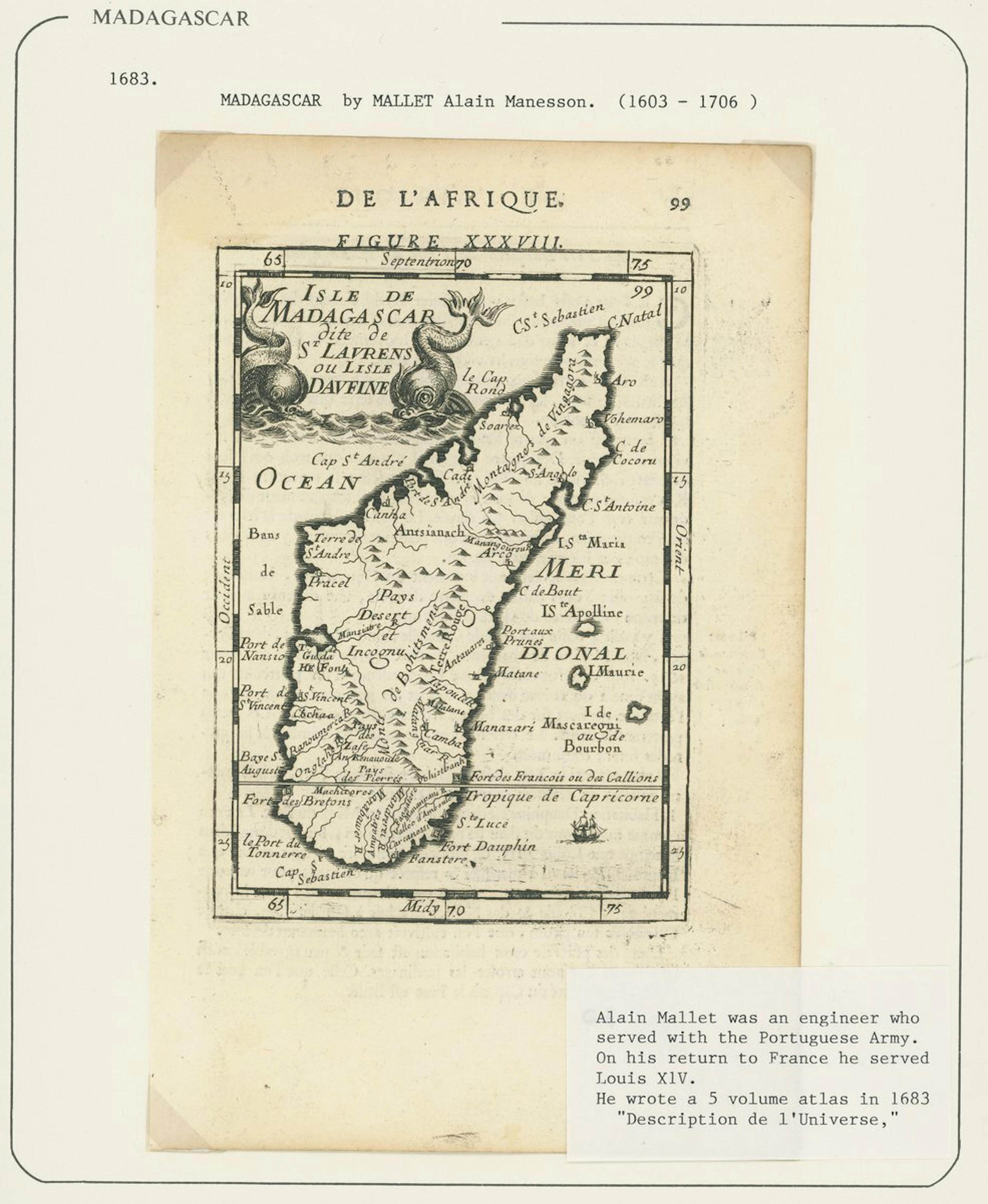 Madagascar Early Maps 1683 page of "Isle de Madagascar dite de St.