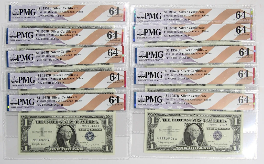 United States, Silver Certificate, $1 (10), 1957B, serial number U99910416-419/4
