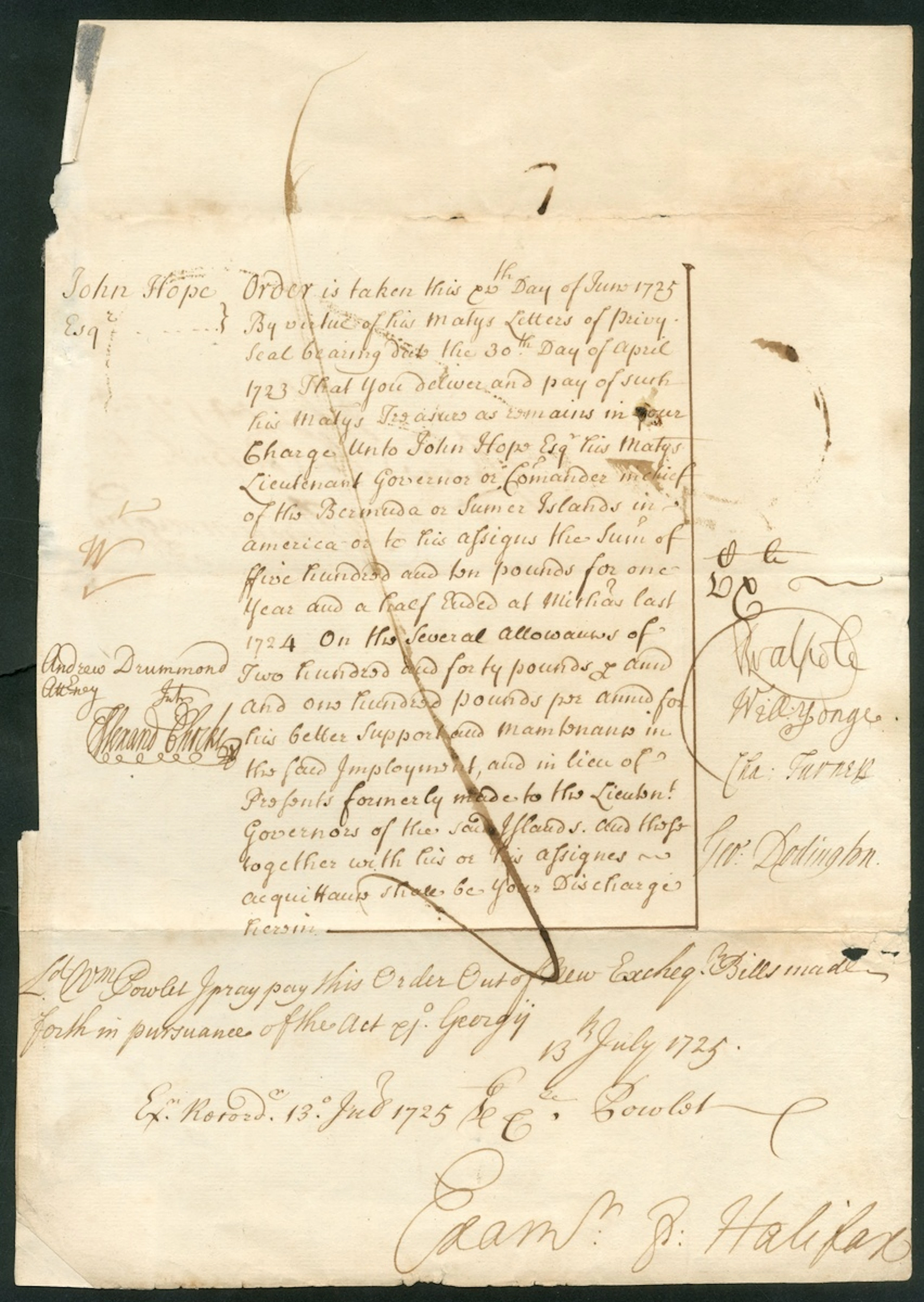 England Early 18th Century Payment to Governors of Bermuda and Barbados