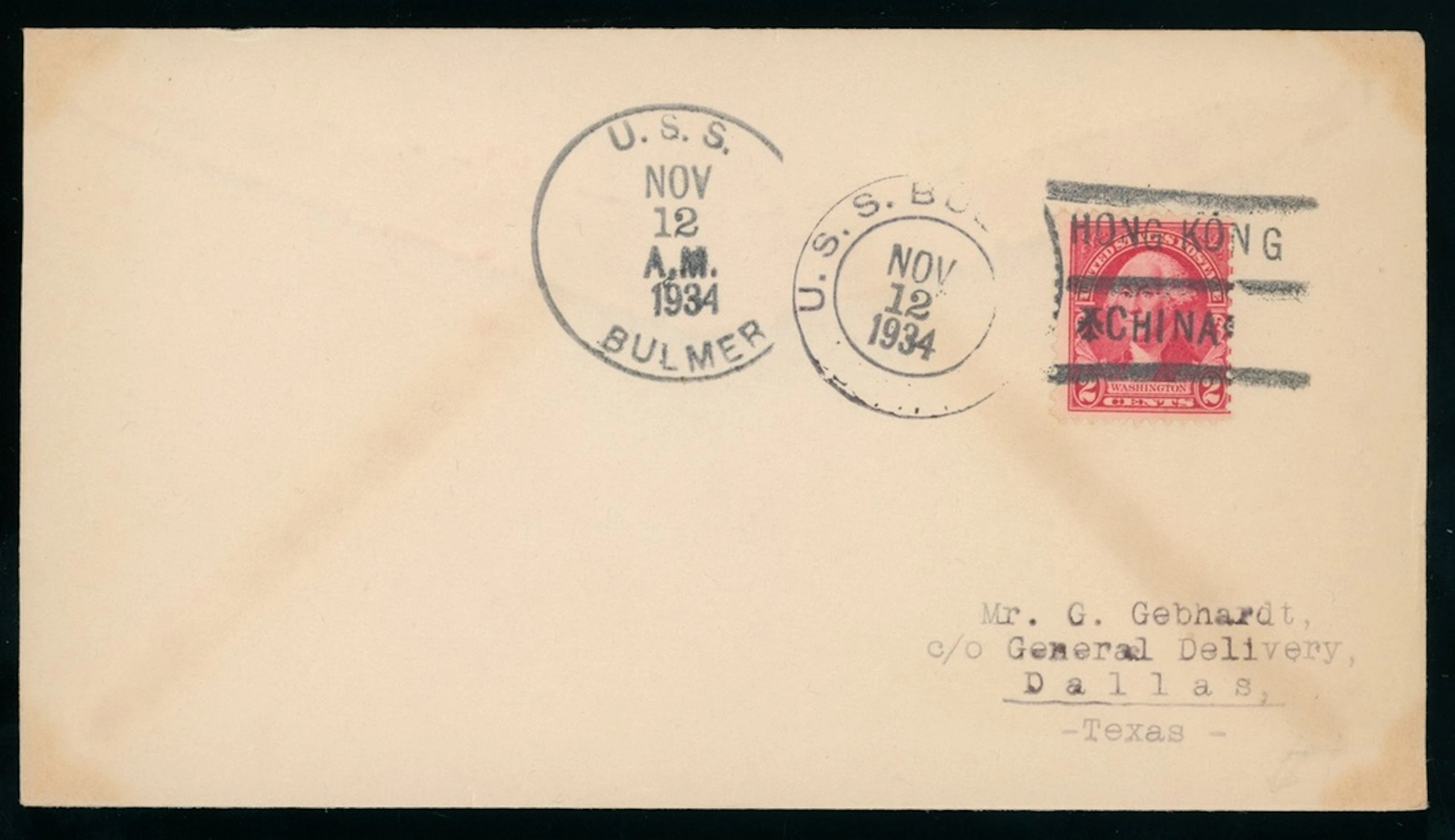 Hong Kong Covers 1934 (12 Nov.) A cover from U.S.S. Bulmer to Texas
