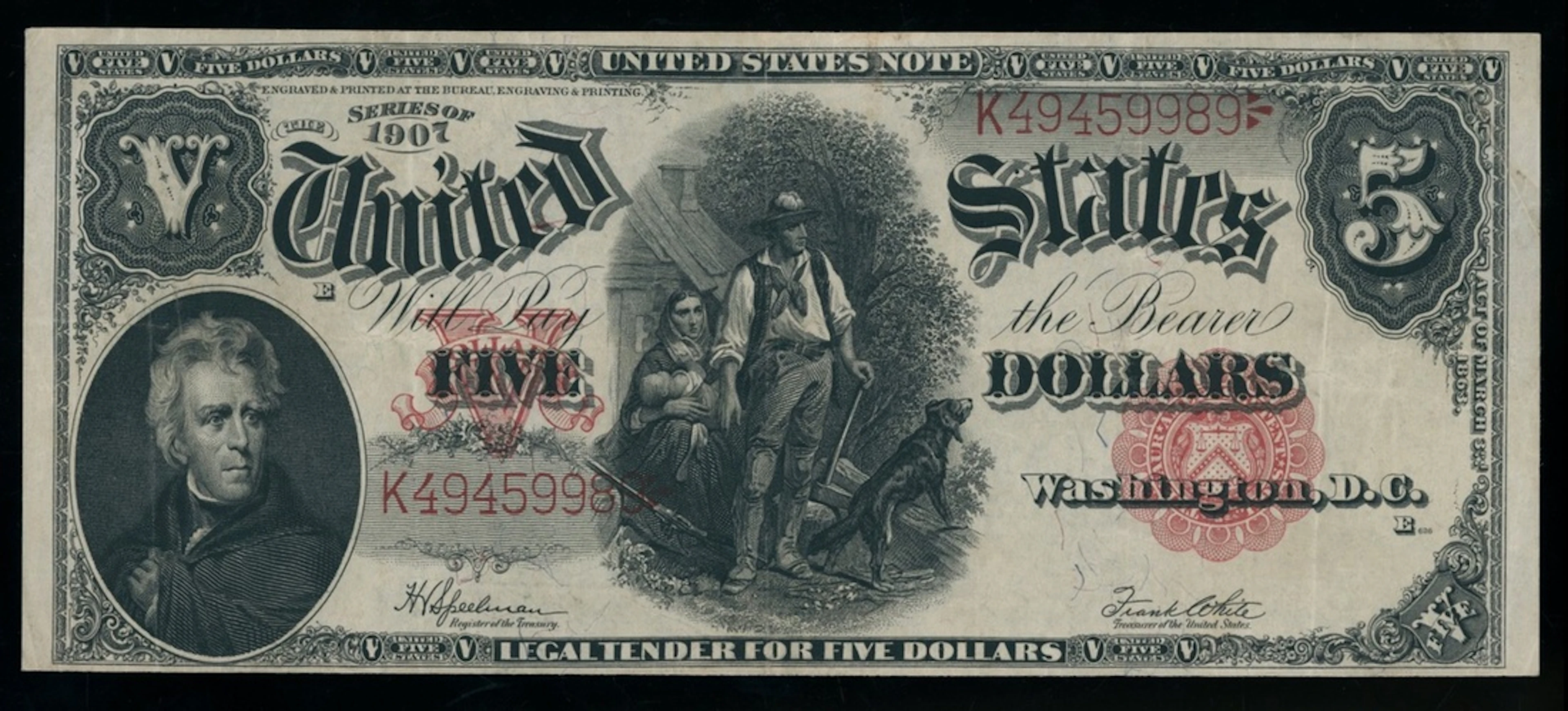 United States, Legal Tender, $5, 1907, serial number K49459989