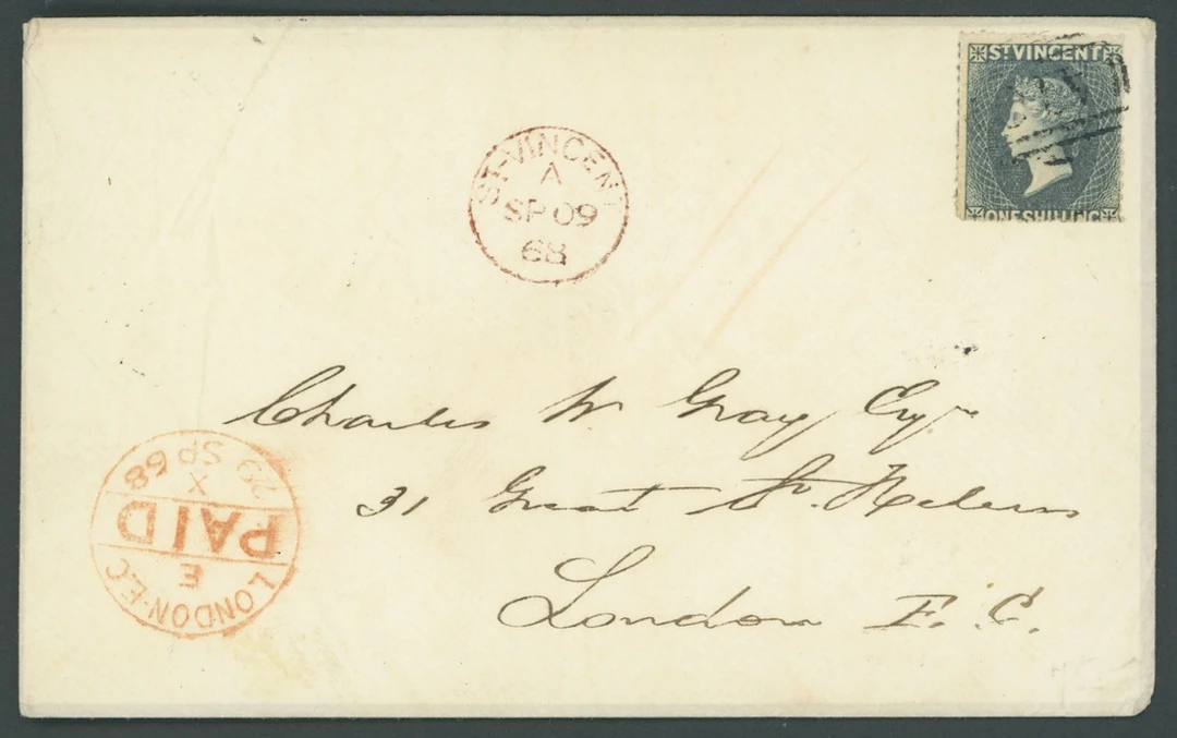 St. Vincent Covers and Cancellations 1868 (9 Sept.) envelope to London