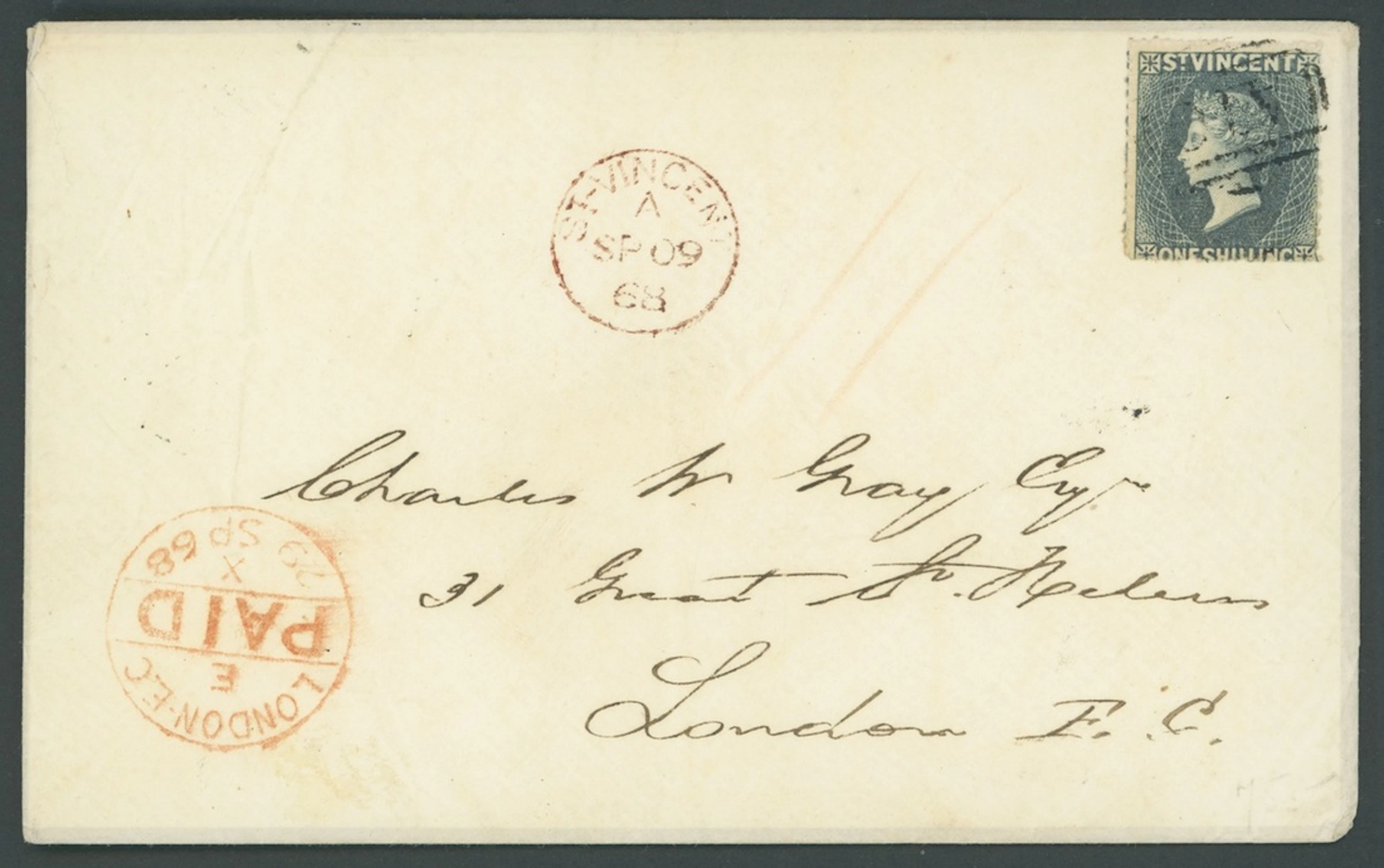 St. Vincent Covers and Cancellations 1868 (9 Sept.) envelope to London