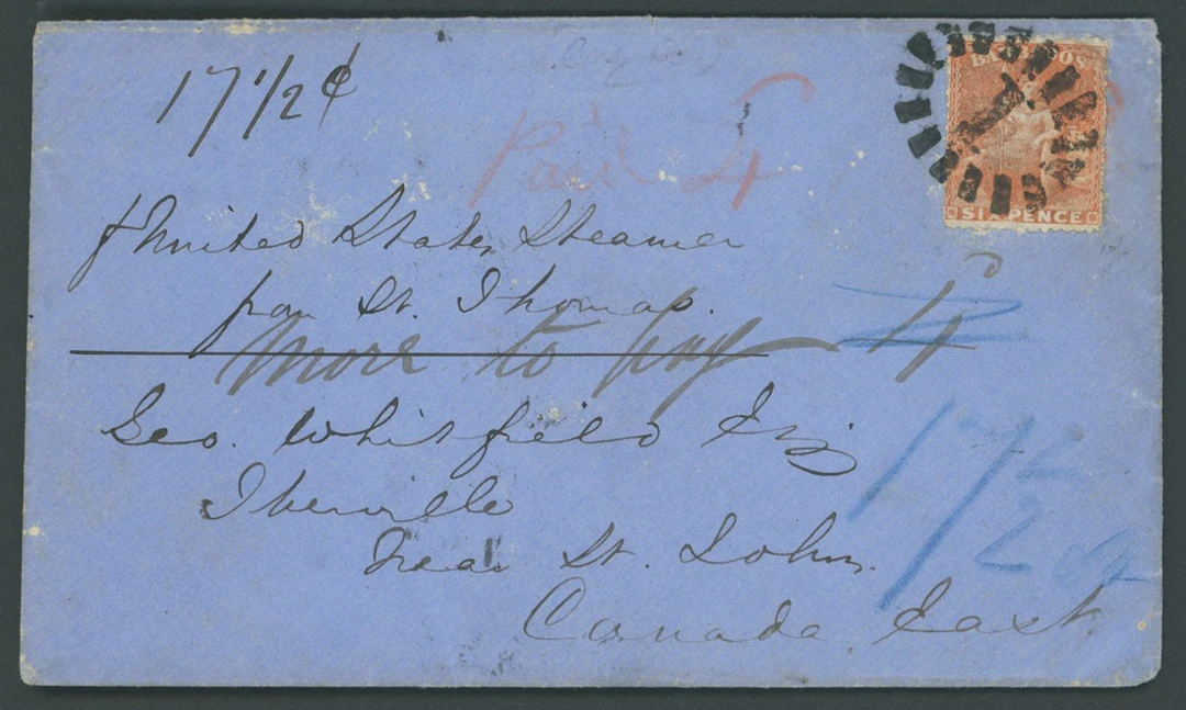 Barbados Britannia Issues Covers 1868 (8 Aug.) blue envelope to St.