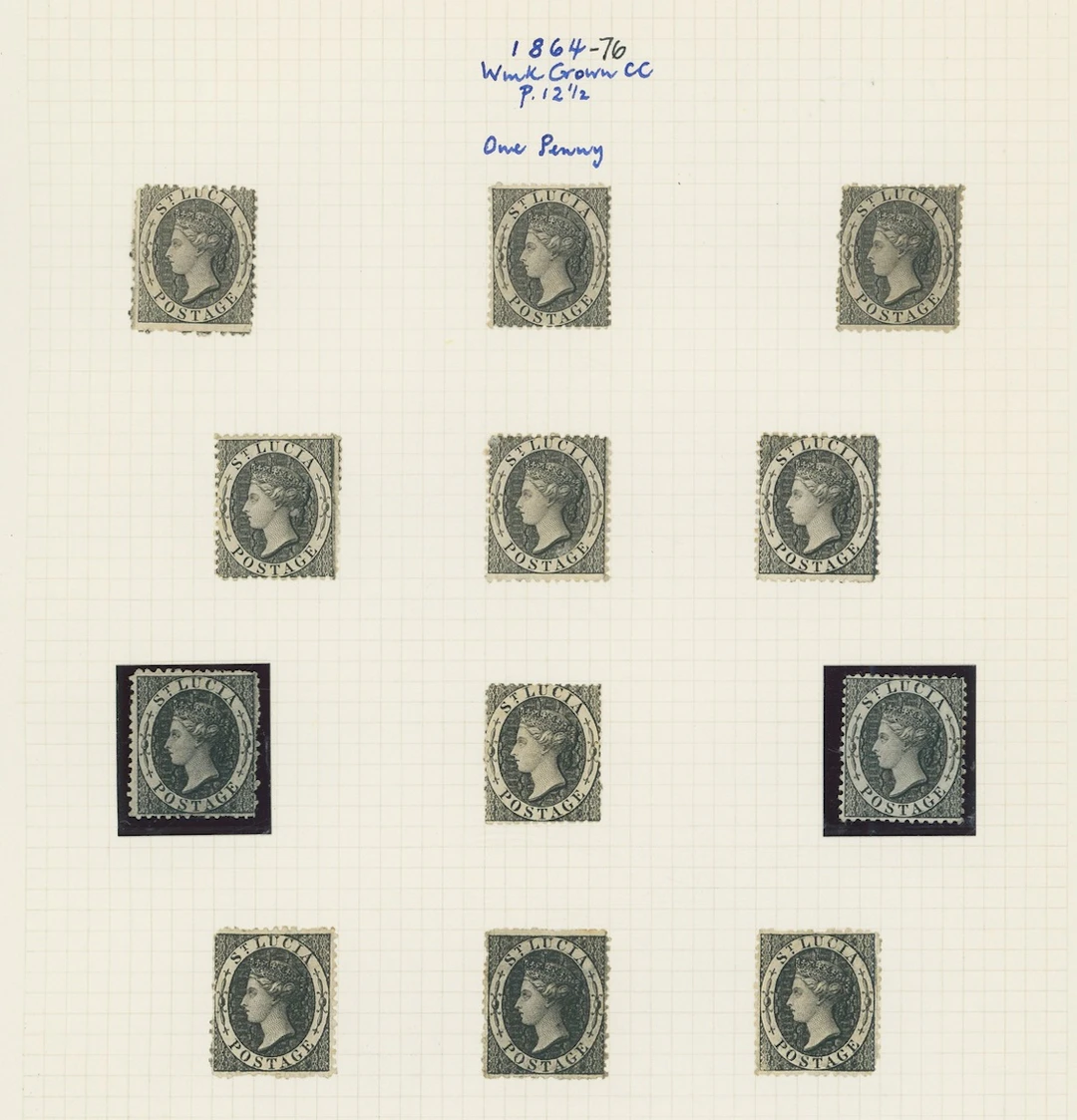 St. Lucia 1864-76 CC, perf 12½ 1d. (12), 4d. (8, two mint), 6d. (10