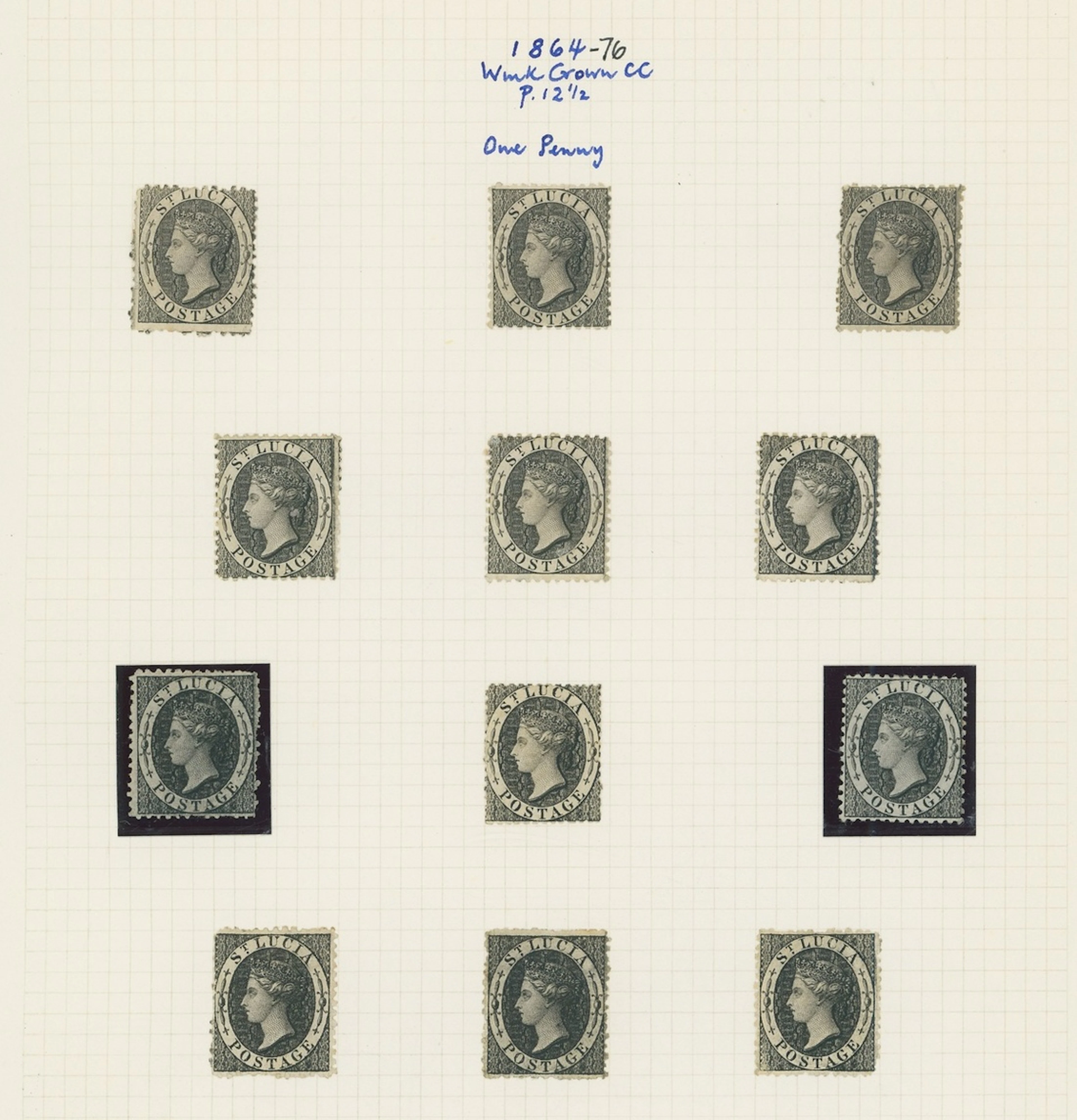 St. Lucia 1864-76 CC, perf 12½ 1d. (12), 4d. (8, two mint), 6d. (10