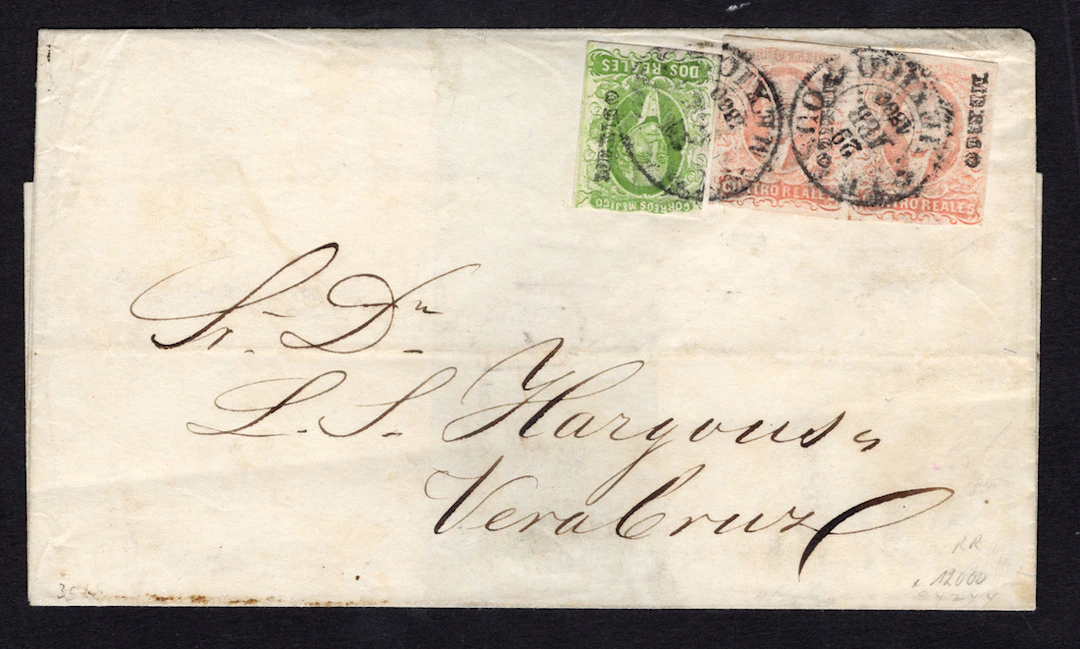 1856 "Hidalgos" Mexico District. 2r. Green and 4r. Red pair, on cover