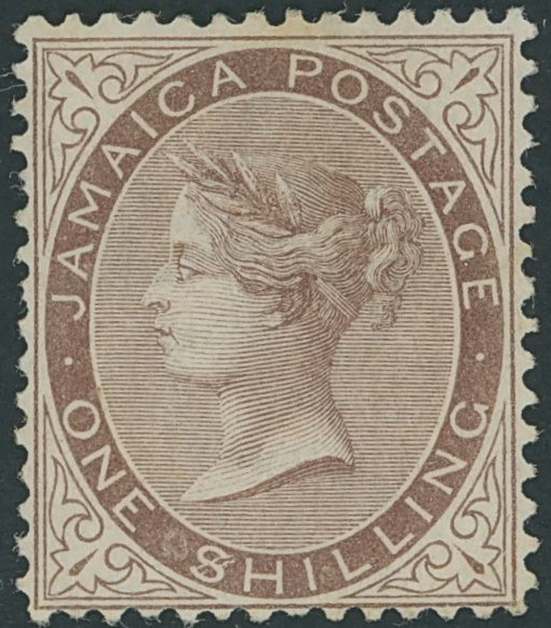 Jamaica 1870-83 CC 1/- dull brown with variety "$" for "s" in "shilling"