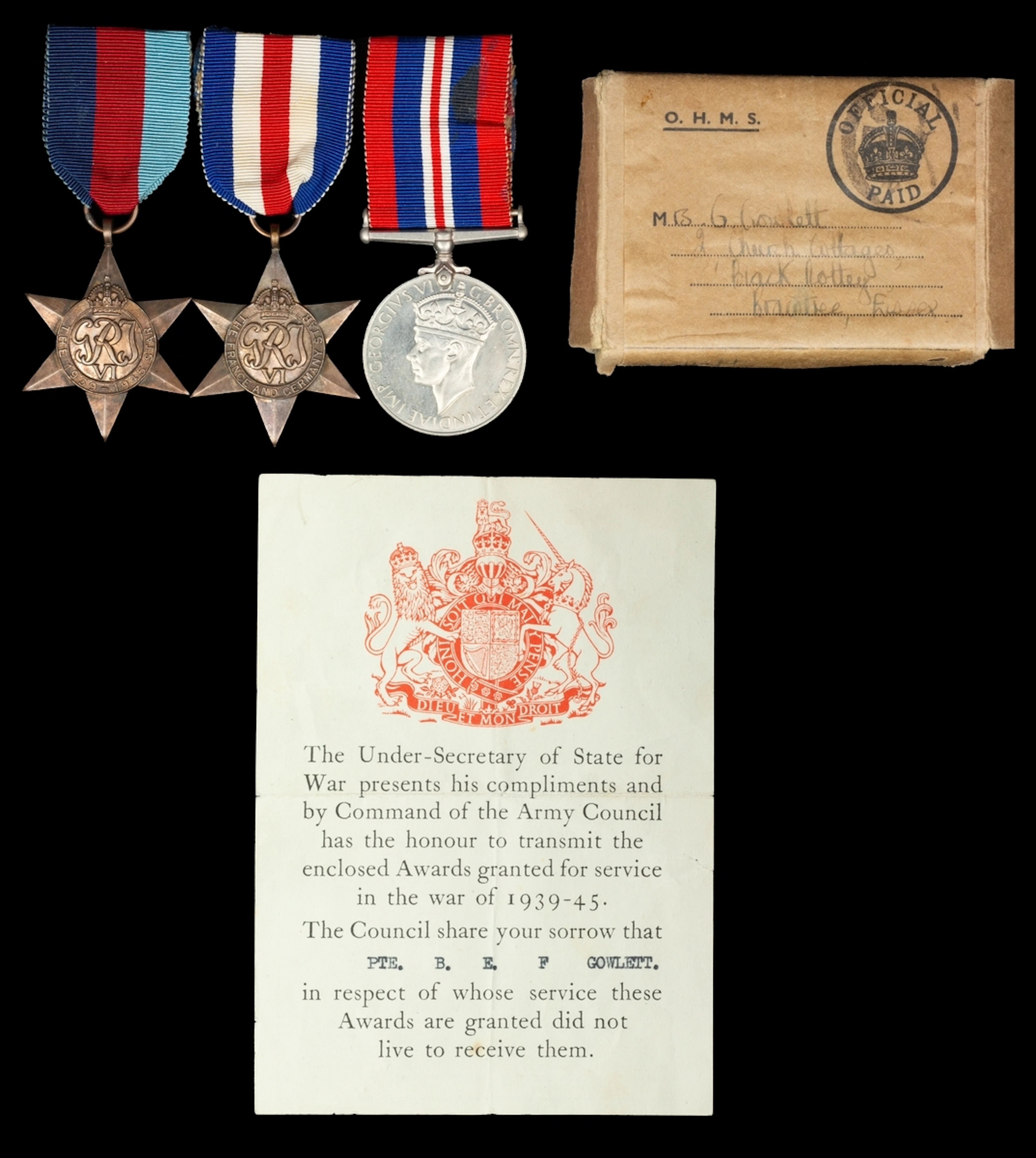 The group of three awarded to Private B. E. Gowlett, 2nd Battalion