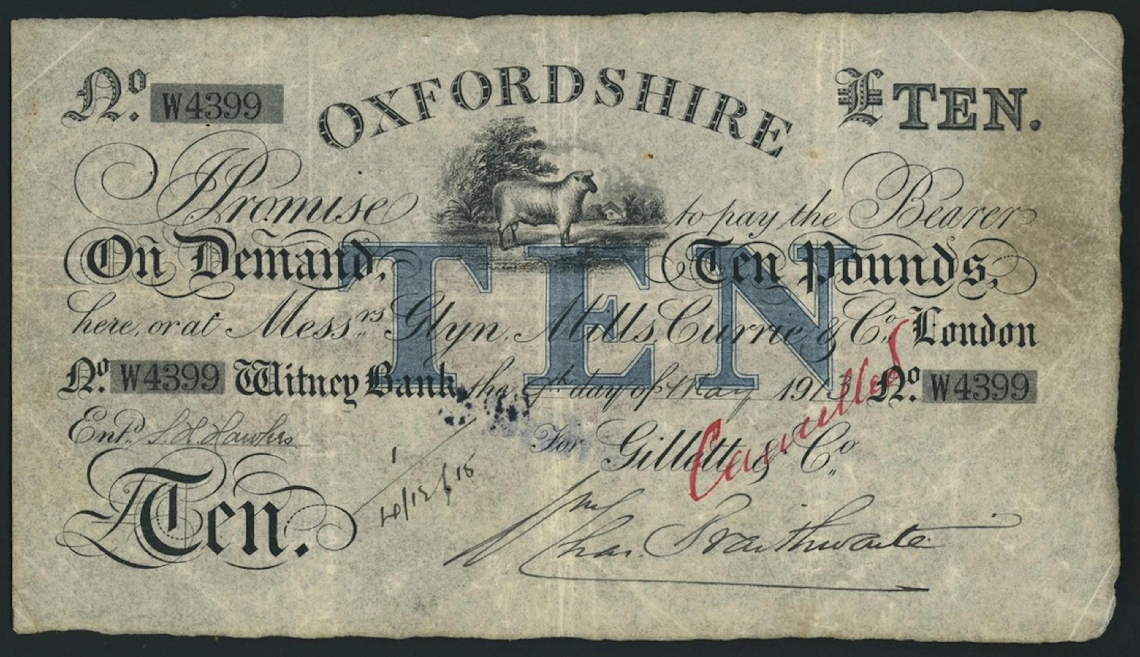 Witney Bank, Oxfordshire, for Gillett & Co., £10, 9th May 1913, serial