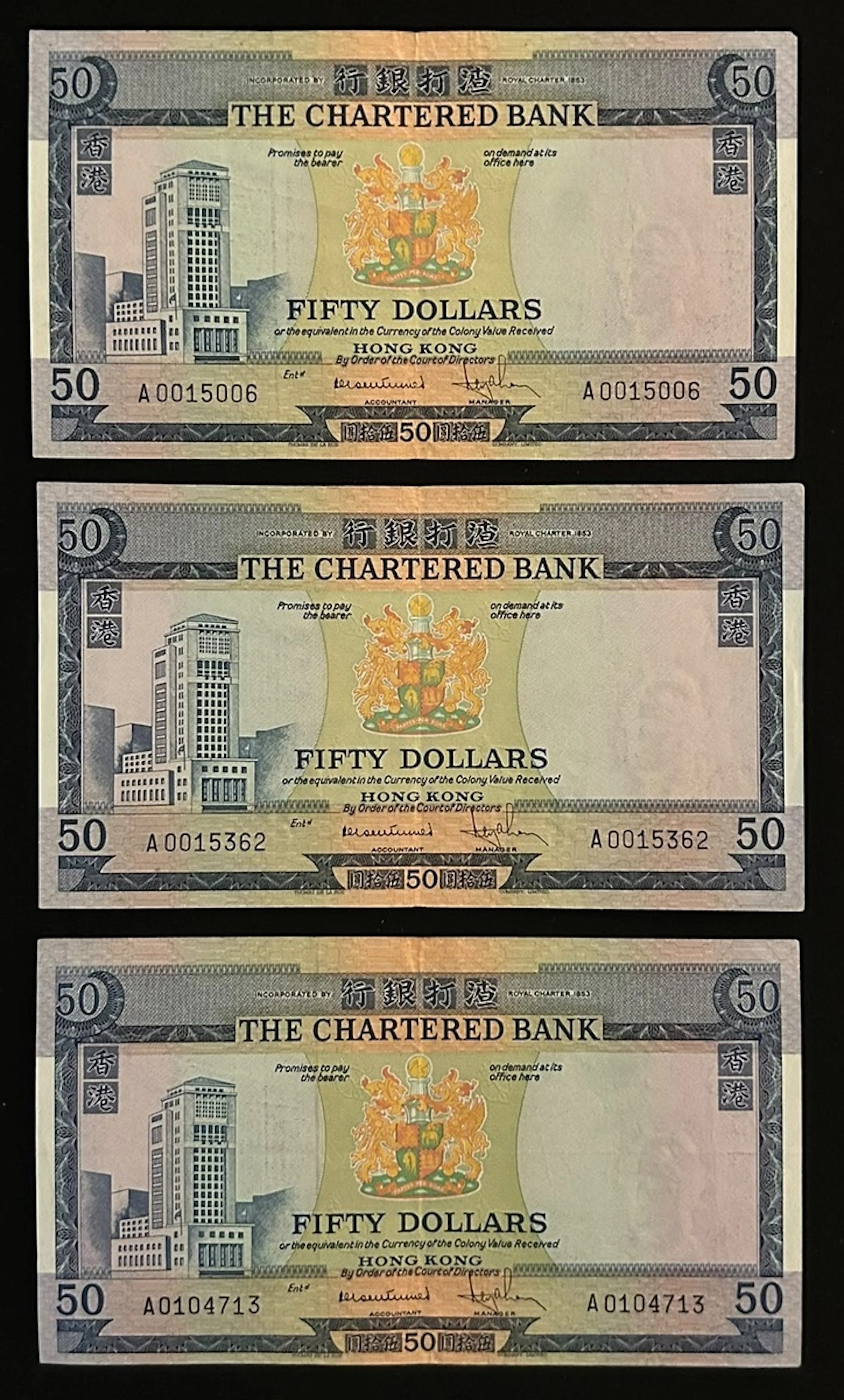Chartered Bank, Hong Kong, $50 (3), ND (1970), serial numbers A0015006