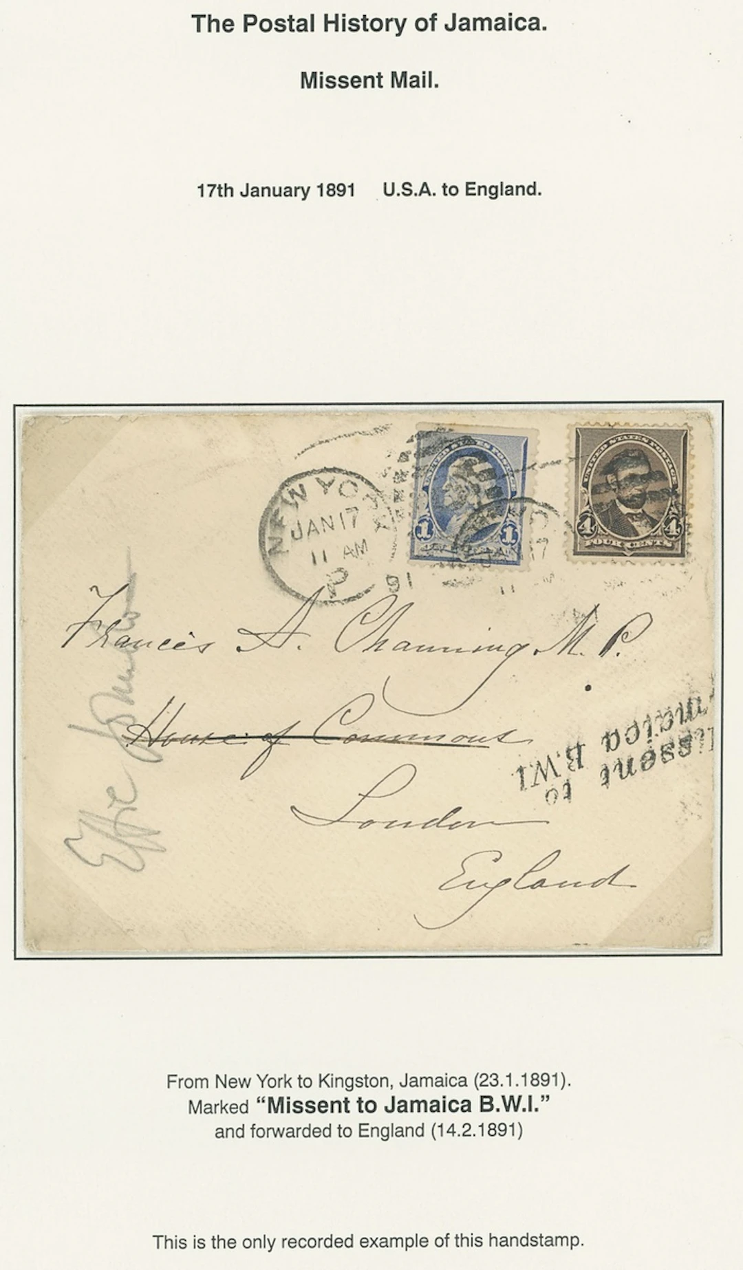 Jamaica Covers and Cancellations Incoming Mail 1891 (17 Jan.) envelope