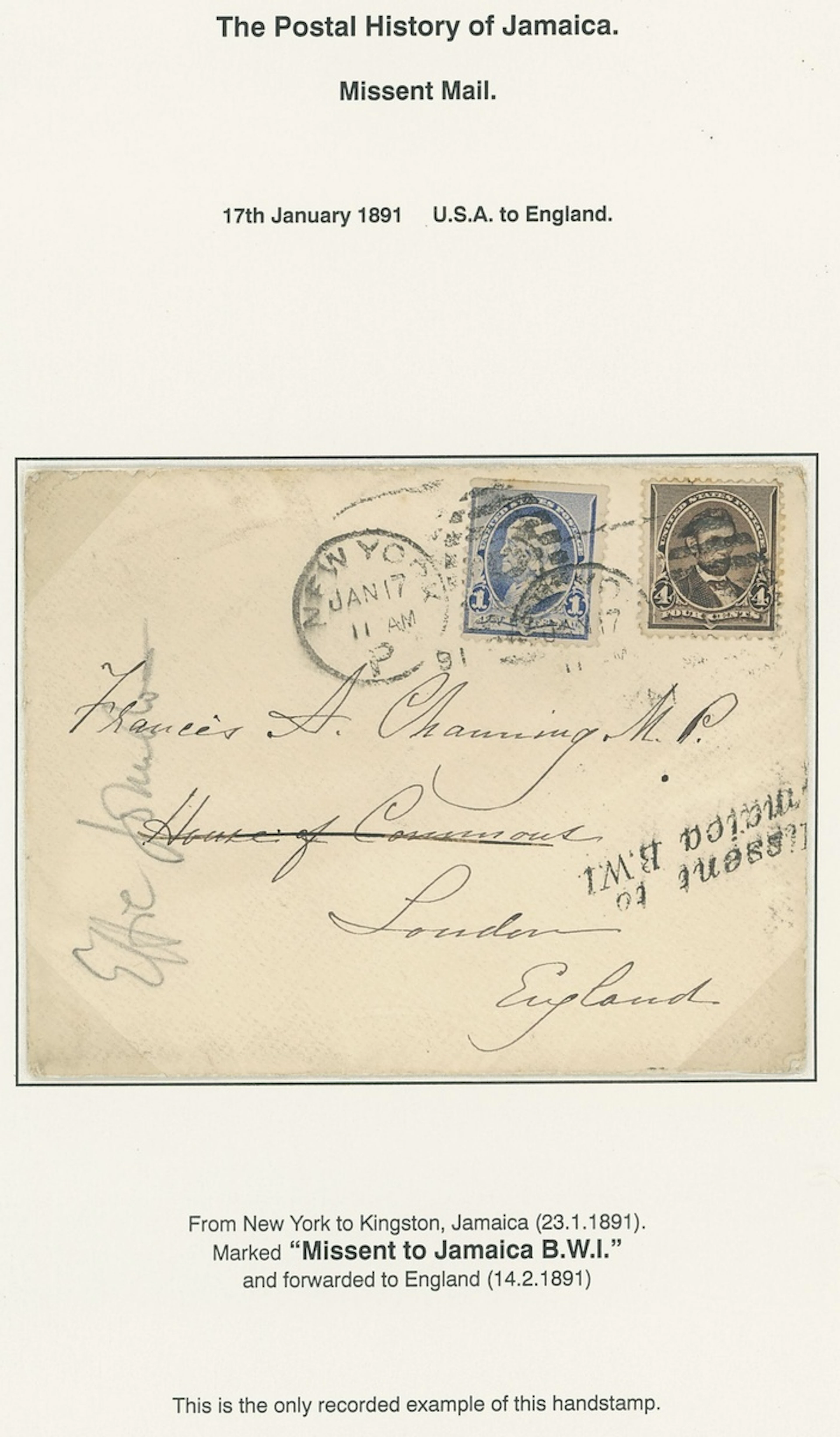 Jamaica Covers and Cancellations Incoming Mail 1891 (17 Jan.) envelope