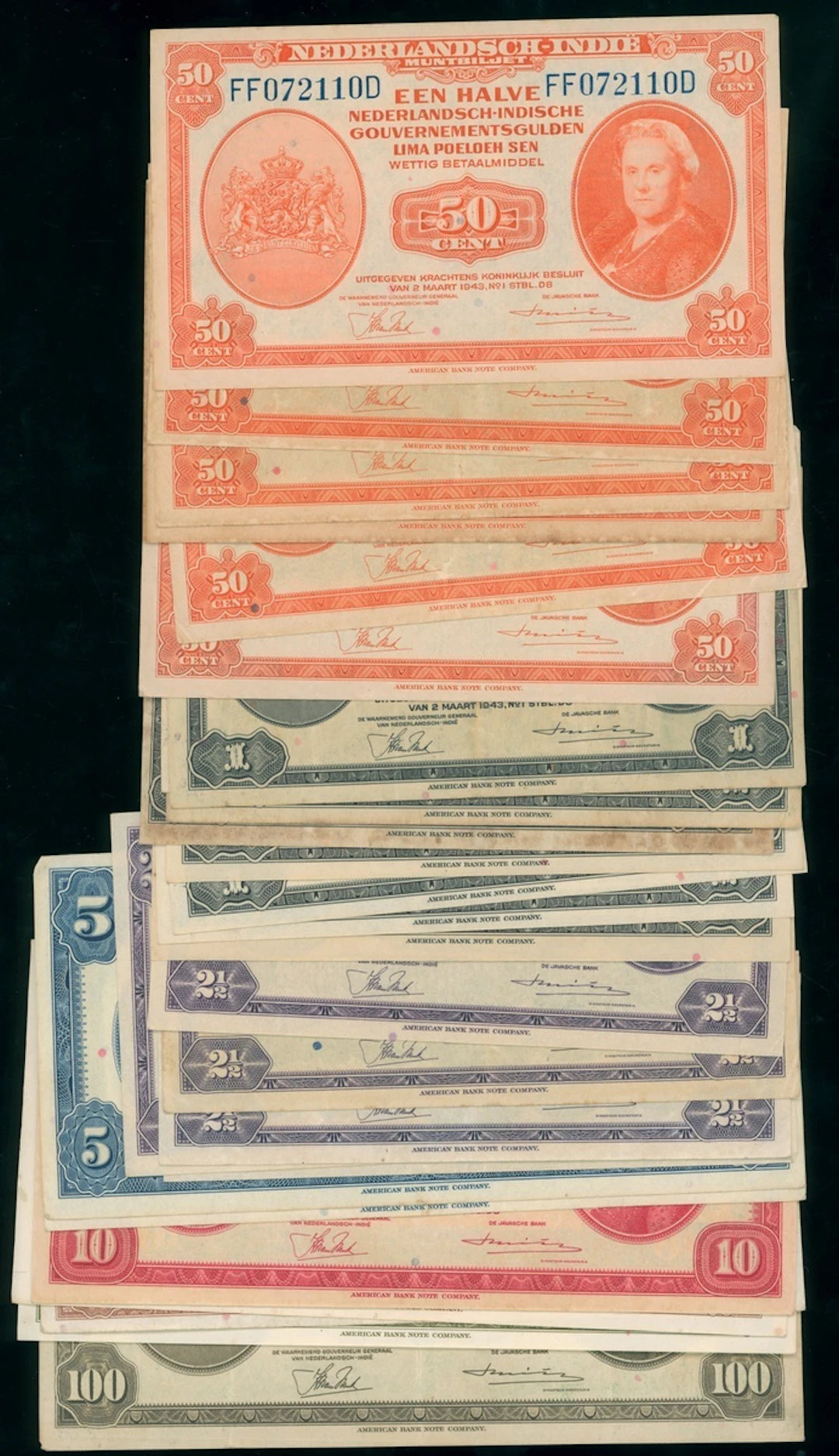 Netherlands Indies, Muntbiljet, a group of 28x, 1943 issues, including