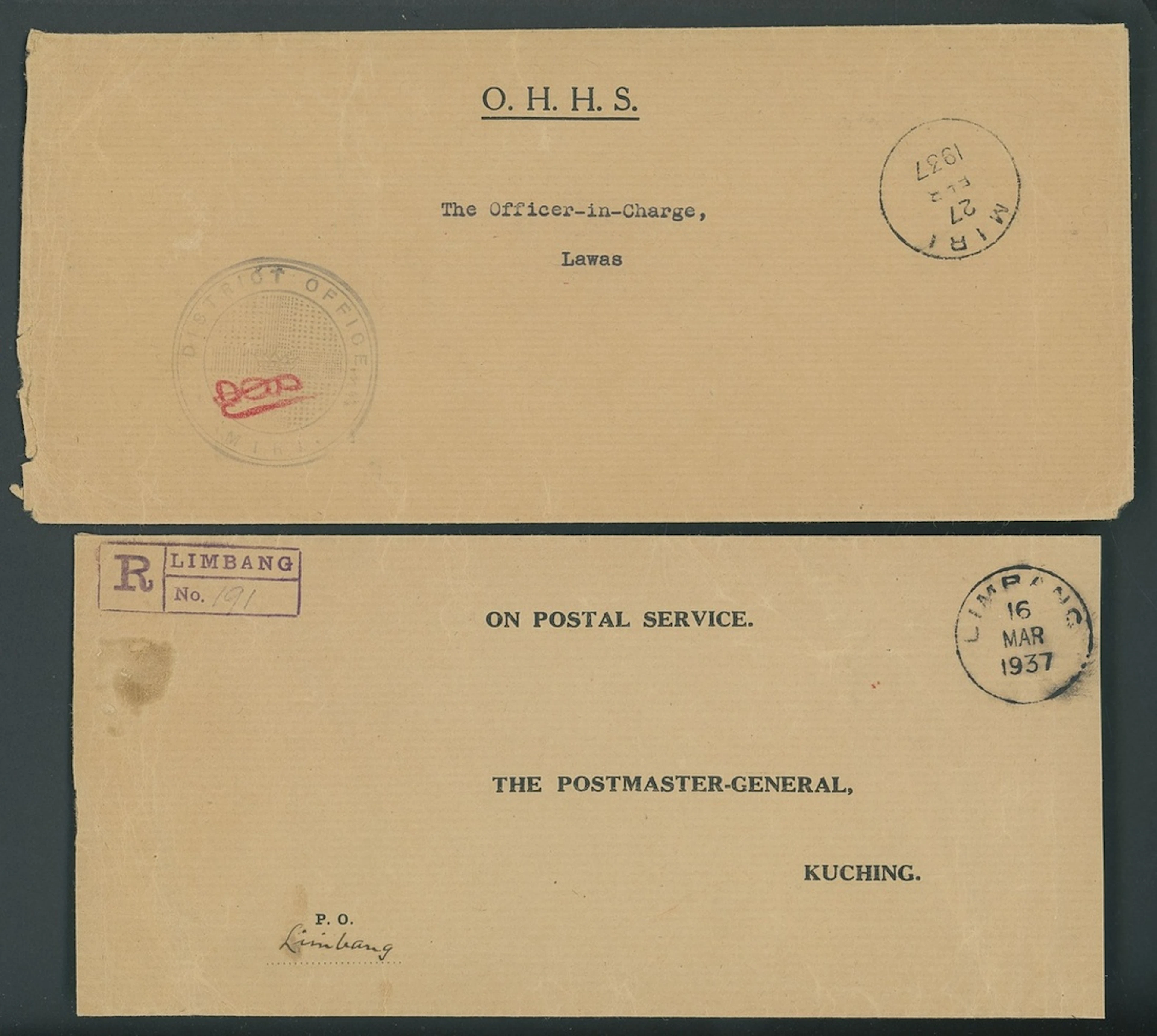 Sarawak Covers and Cancellations Official Mail 1931-38 OHMS envelopes