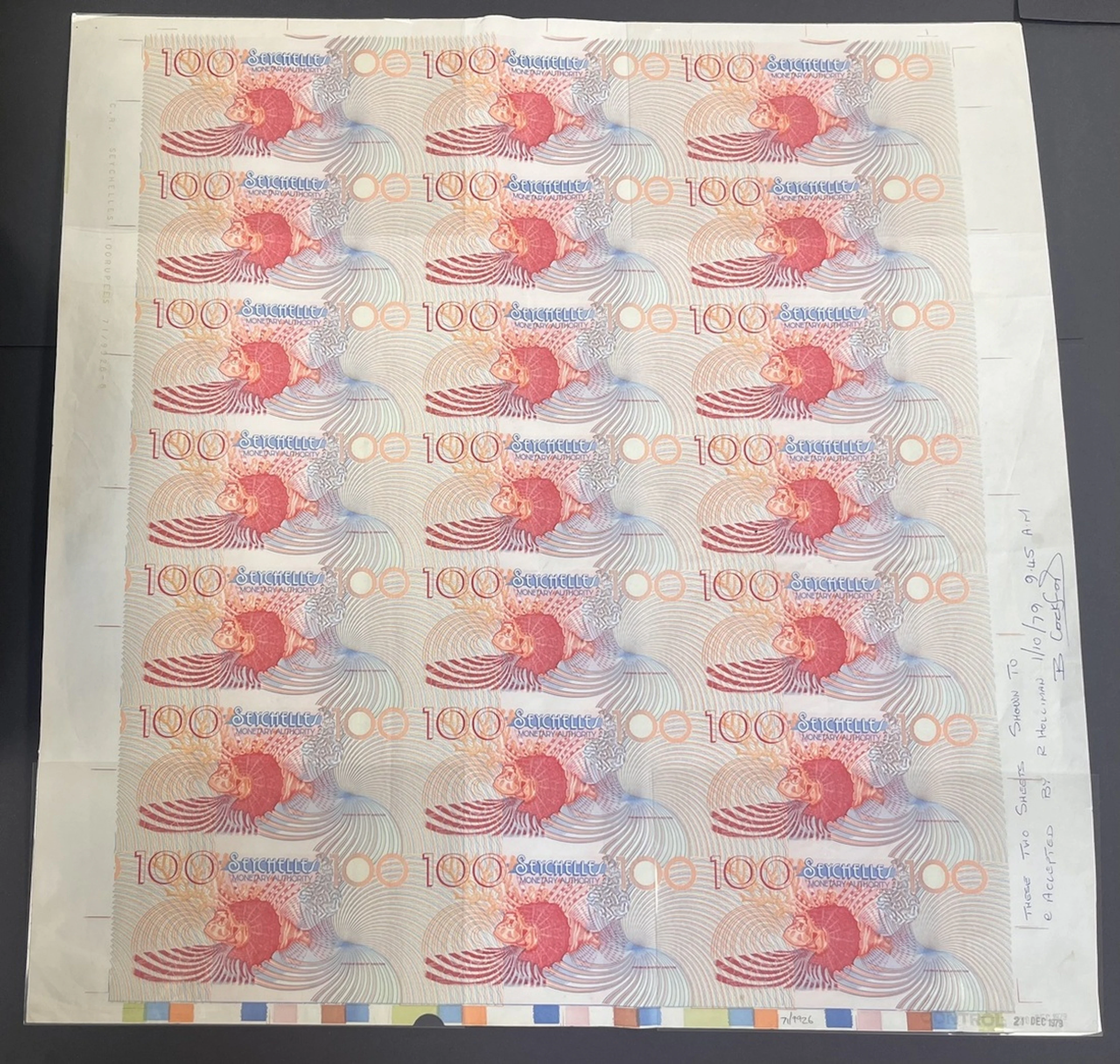 Seychelles Monetary Authority, uncut sheet of 21 (3x7) 100 Rupees