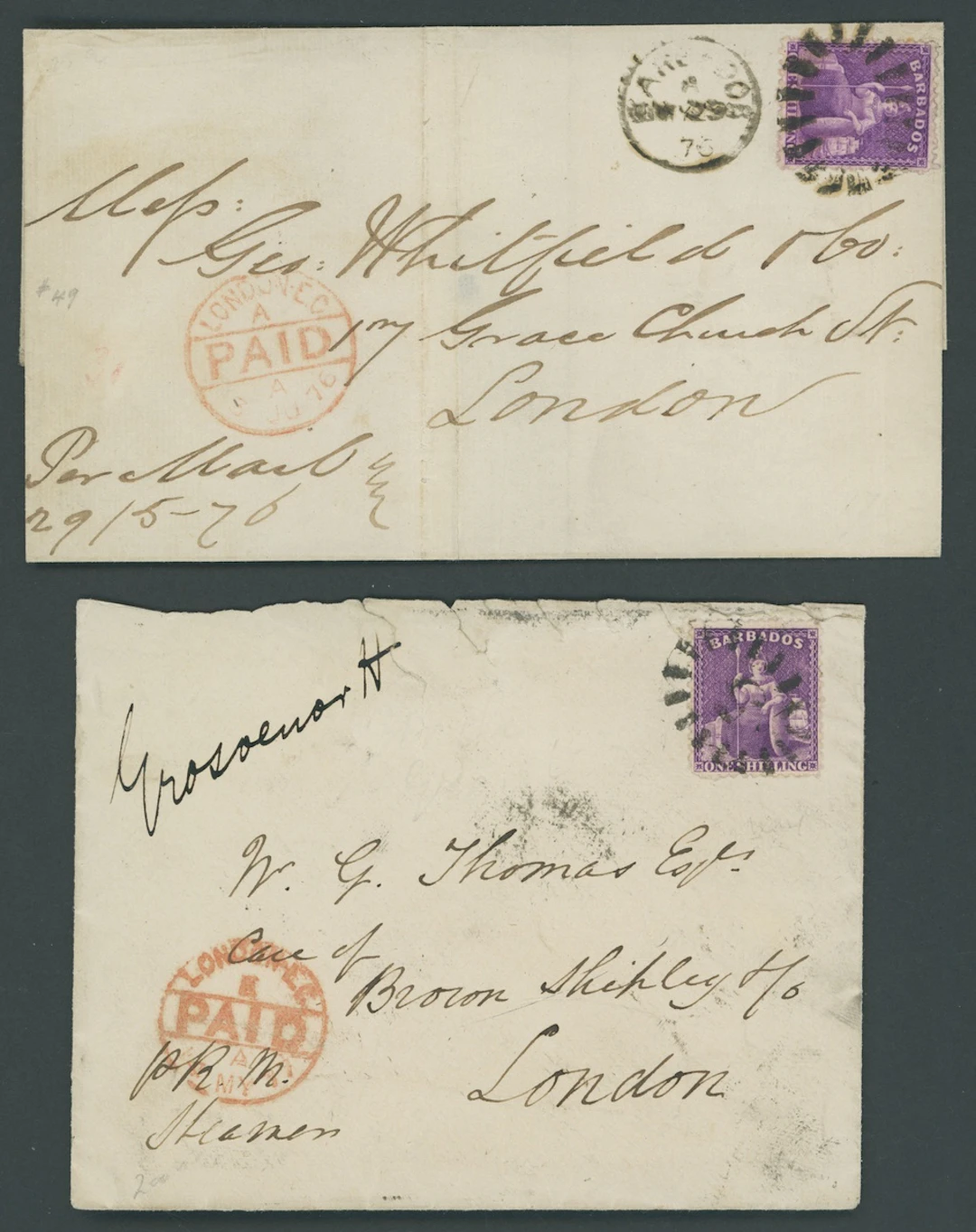Barbados Britannia Issues Covers 1876 (29 May) entire and 1877 (28