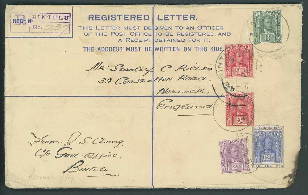 Sarawak Postal Stationery Registered Envelopes 1924-25 12c. 1926 (16