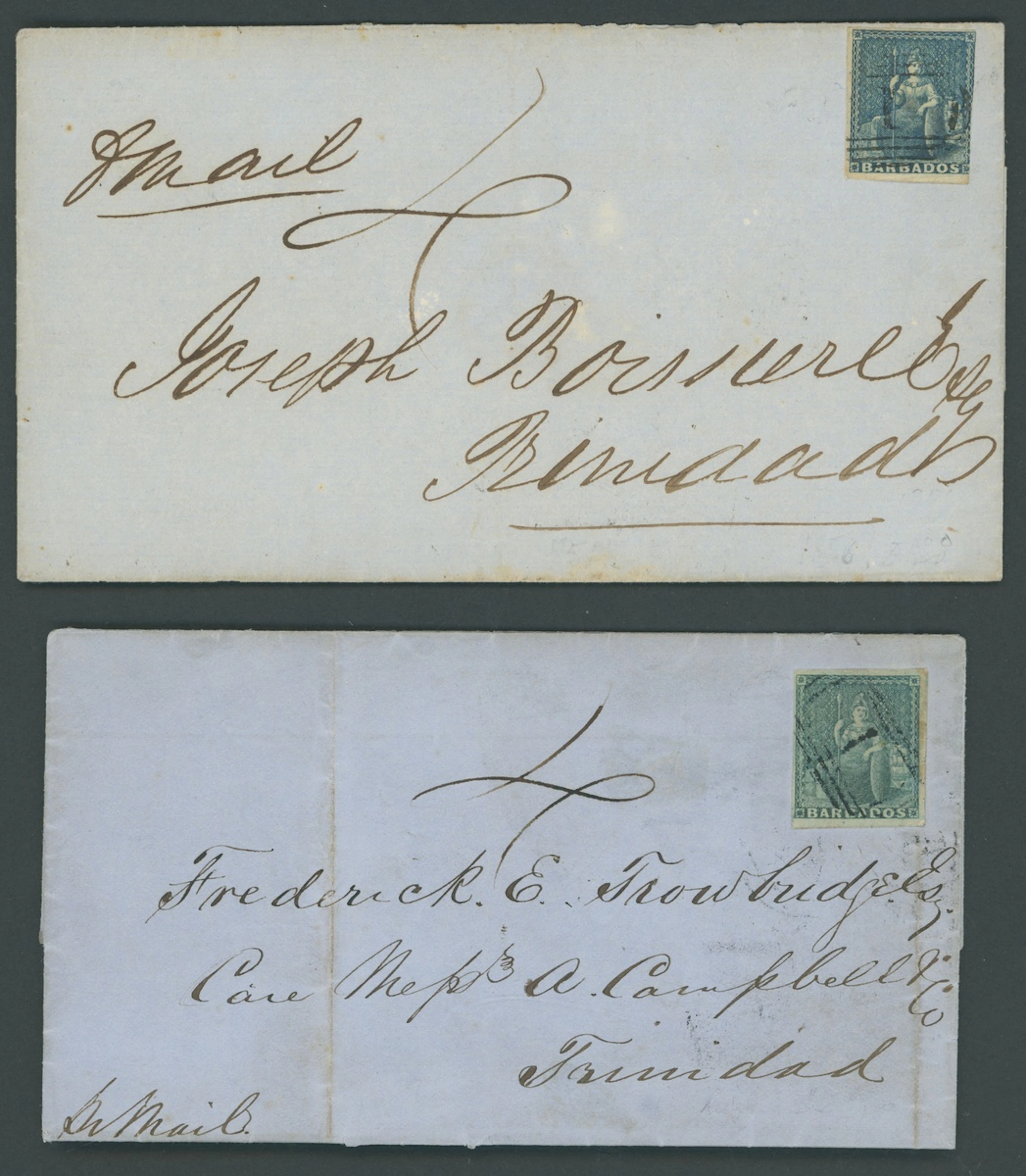 Barbados Britannia Issues Covers 1856 (4 June) entire to Trinidad