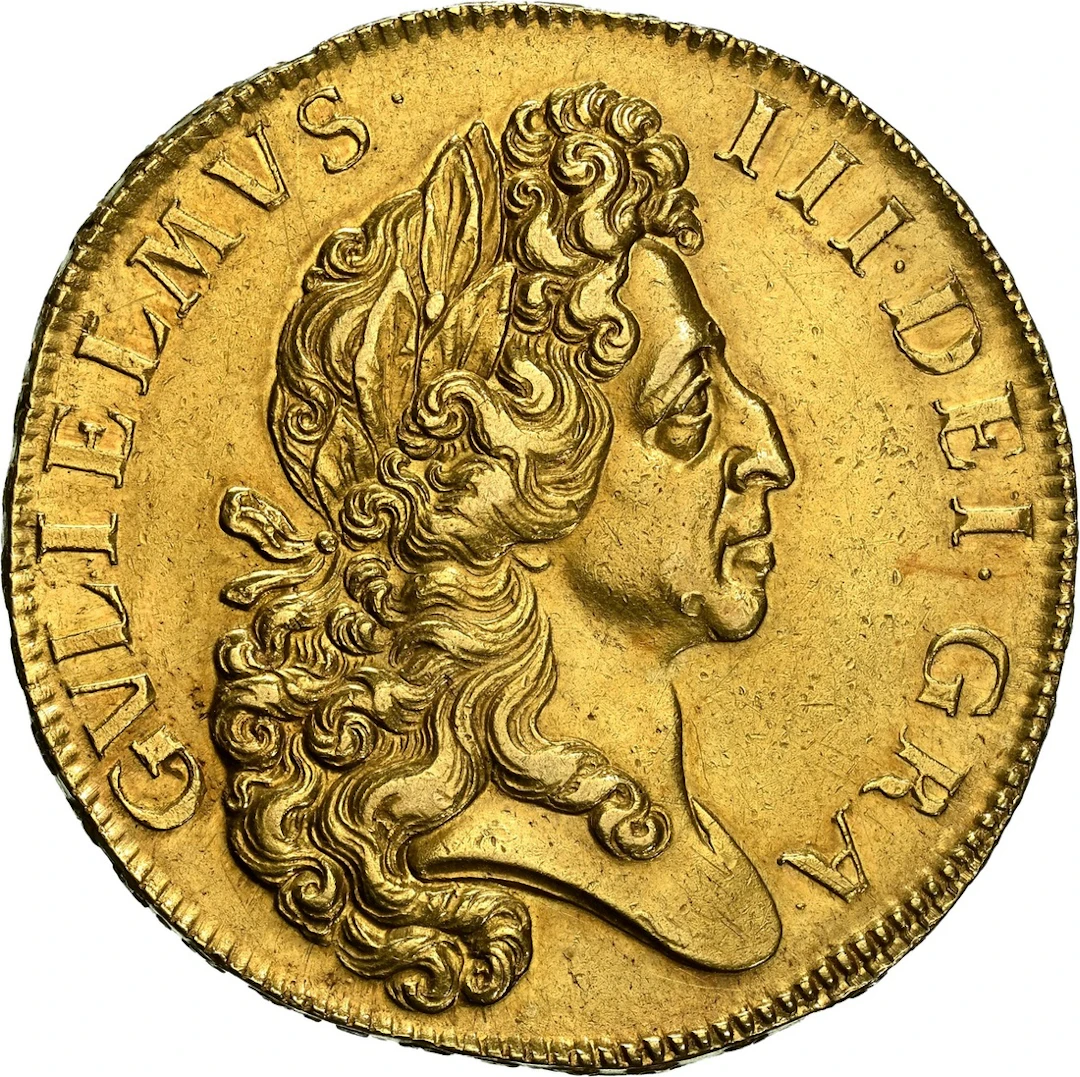 NGC AU58 | William III, Solus (1694-1702), 'Fine Work' Five-Guineas