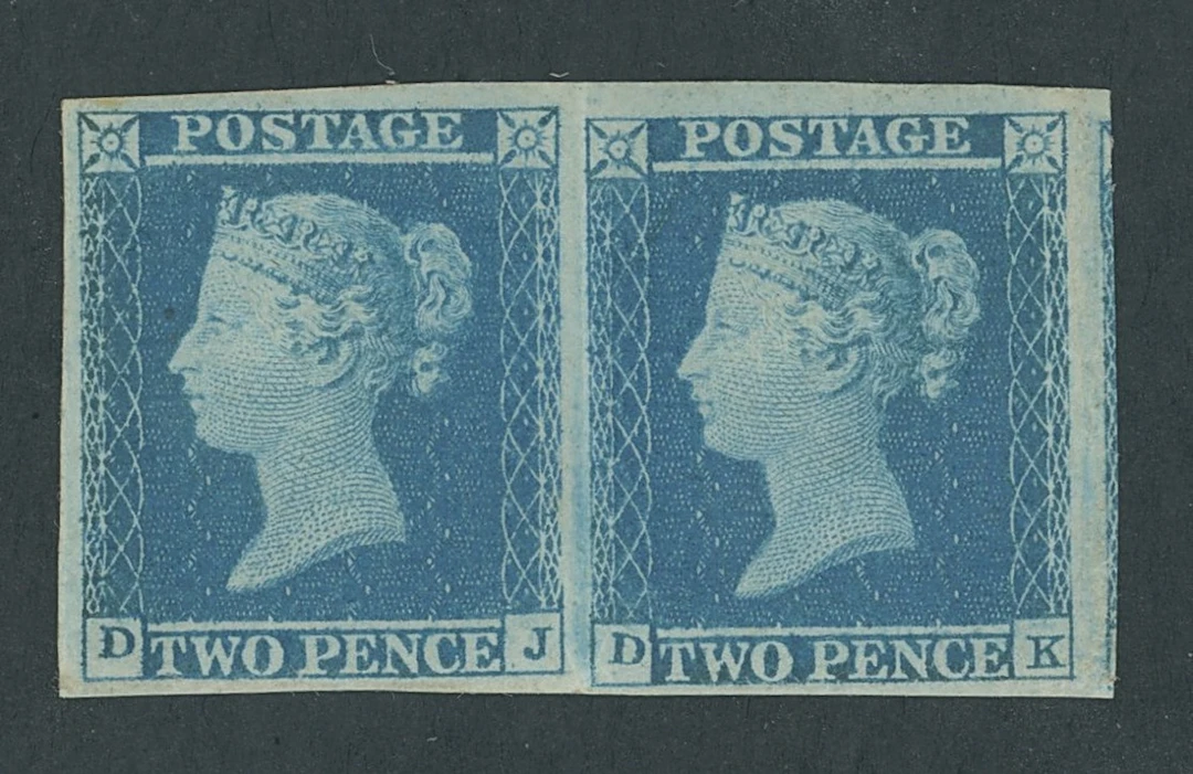 Great Britain 1841 Two Pence Blue Plate 3 DJ-DK horizontal pair, unused