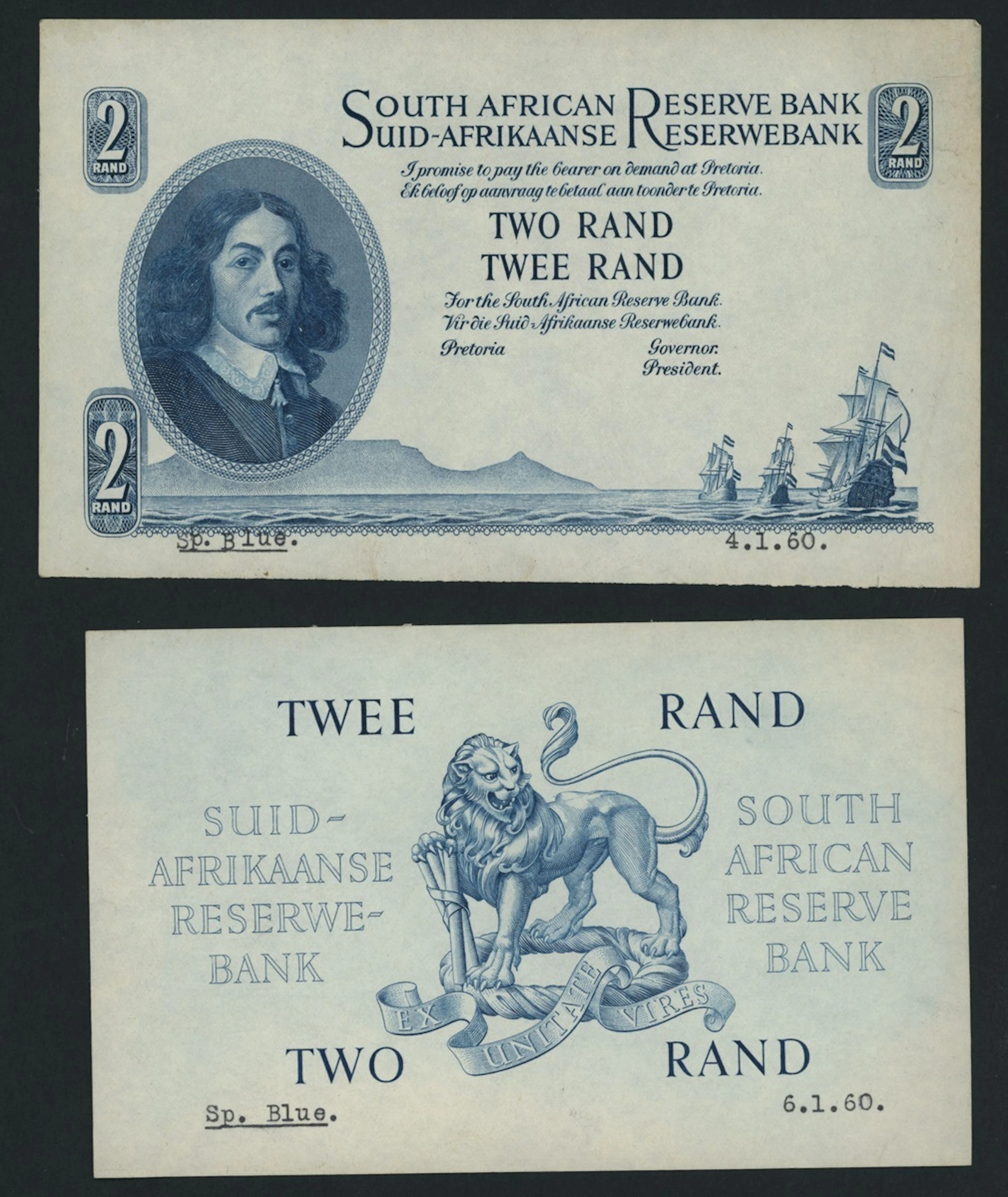 South African Reserve Bank, [2 notes] front and back proofs for 2