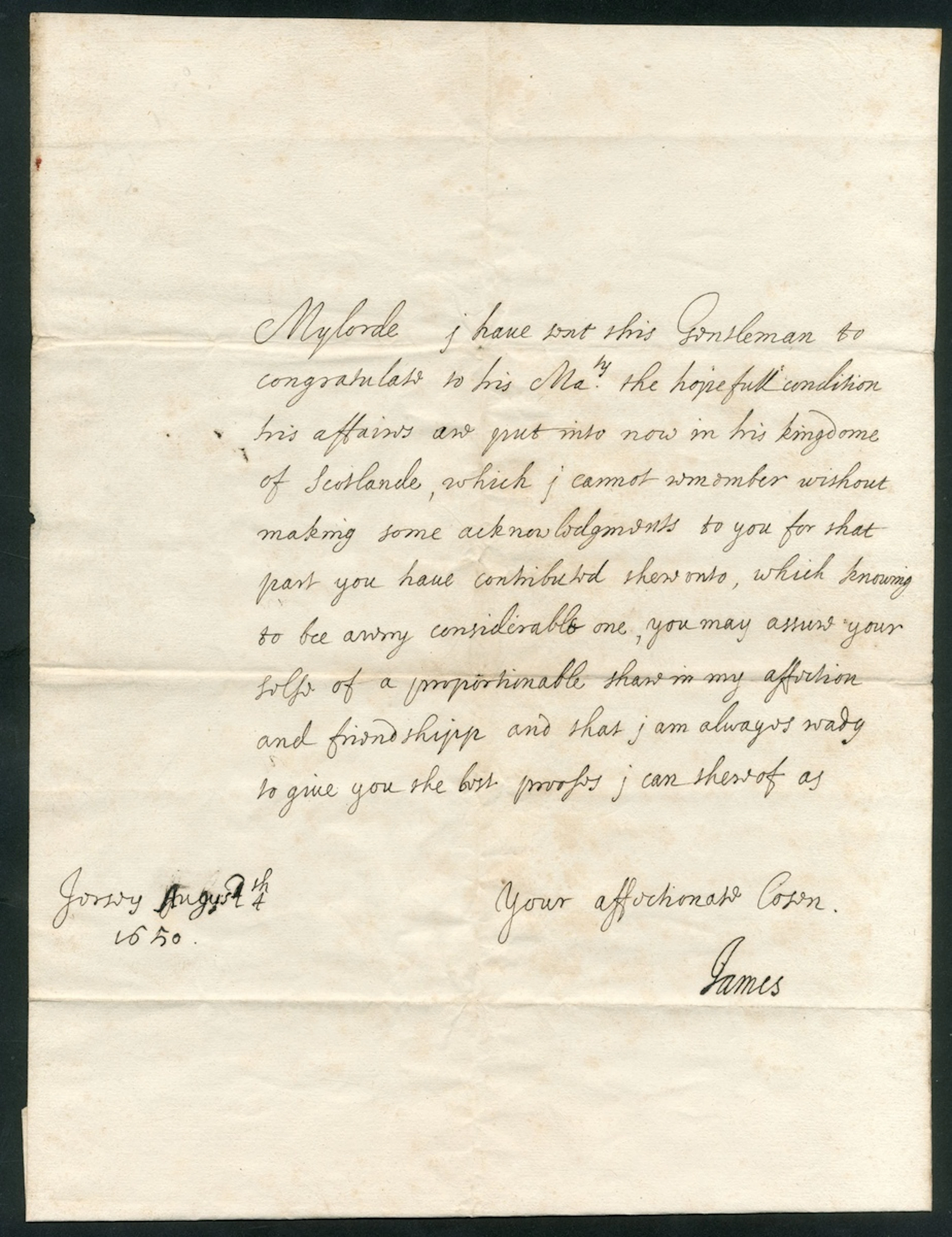 The Duke of York, Future King James II 1650 (4 August) autograph letter