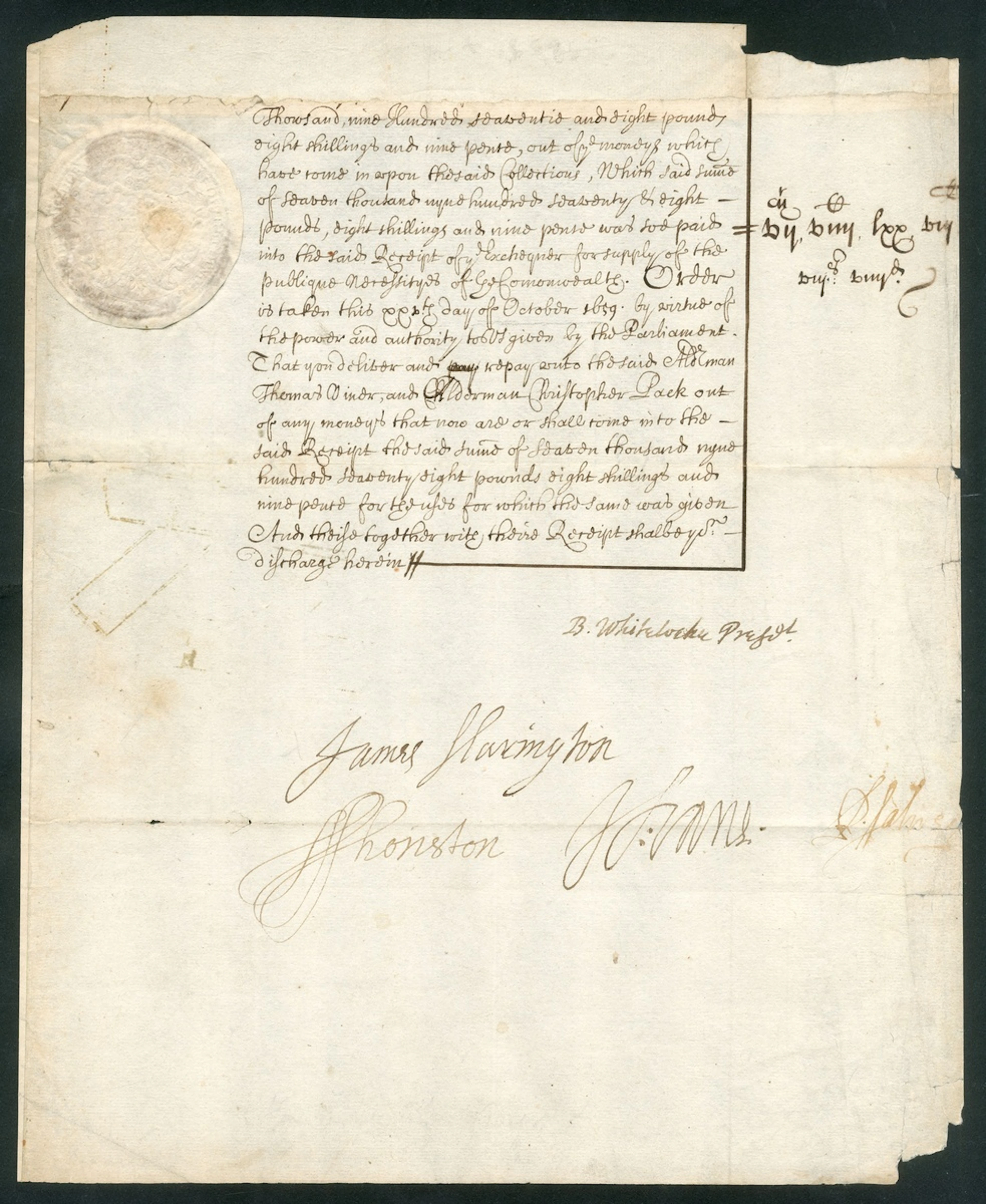 1659 (25 October) majority portion of document signed from the Council