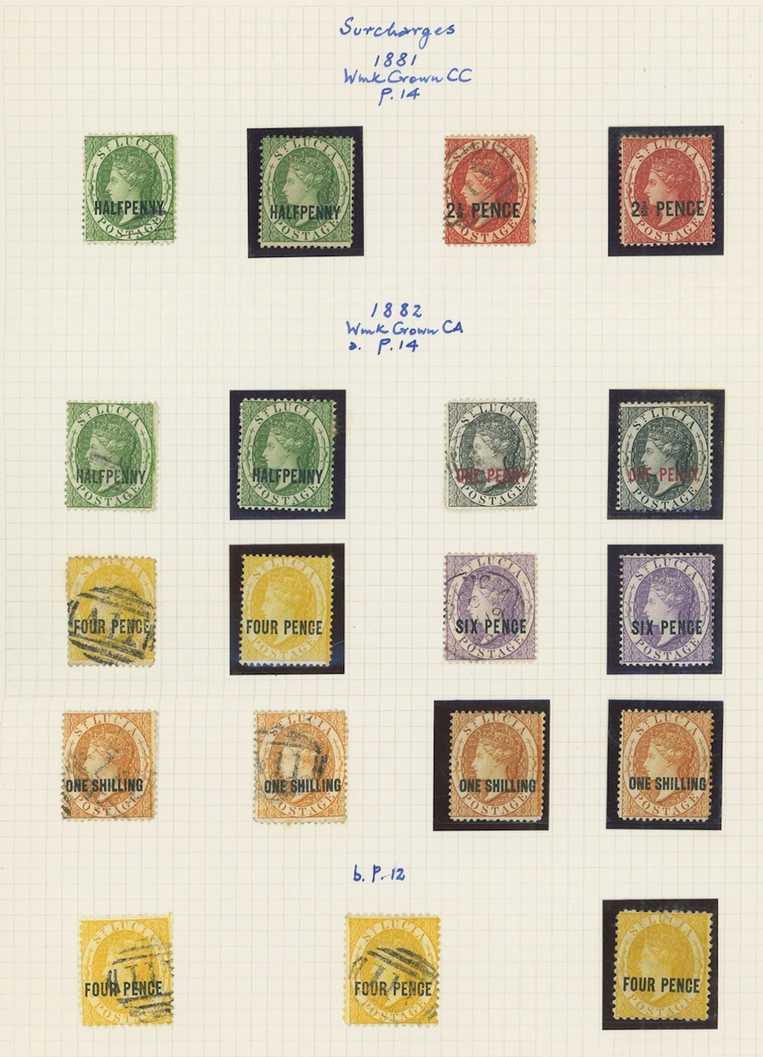 St. Lucia 1881 CC ½d. (2, one used) and 2½d. (2, one used), 1882-84