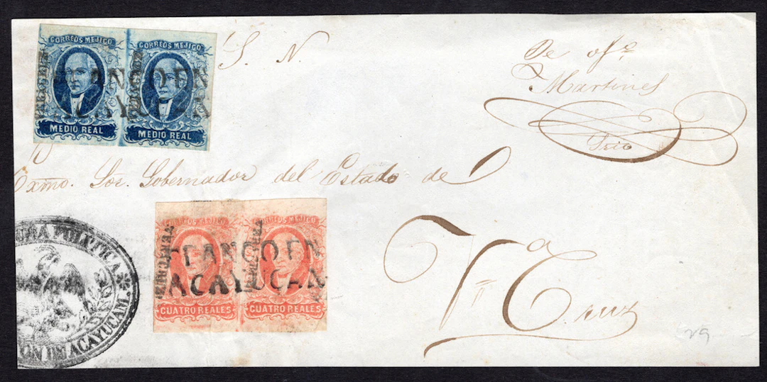 1856 "Hidalgos" Veracruz. ½r. Blue pair and 4r. Red pair, on official
