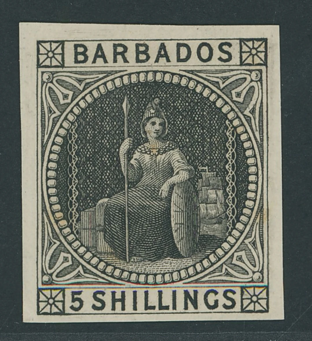 Barbados Issued Stamps 1873 (June) 5/- imperforate plate proof in