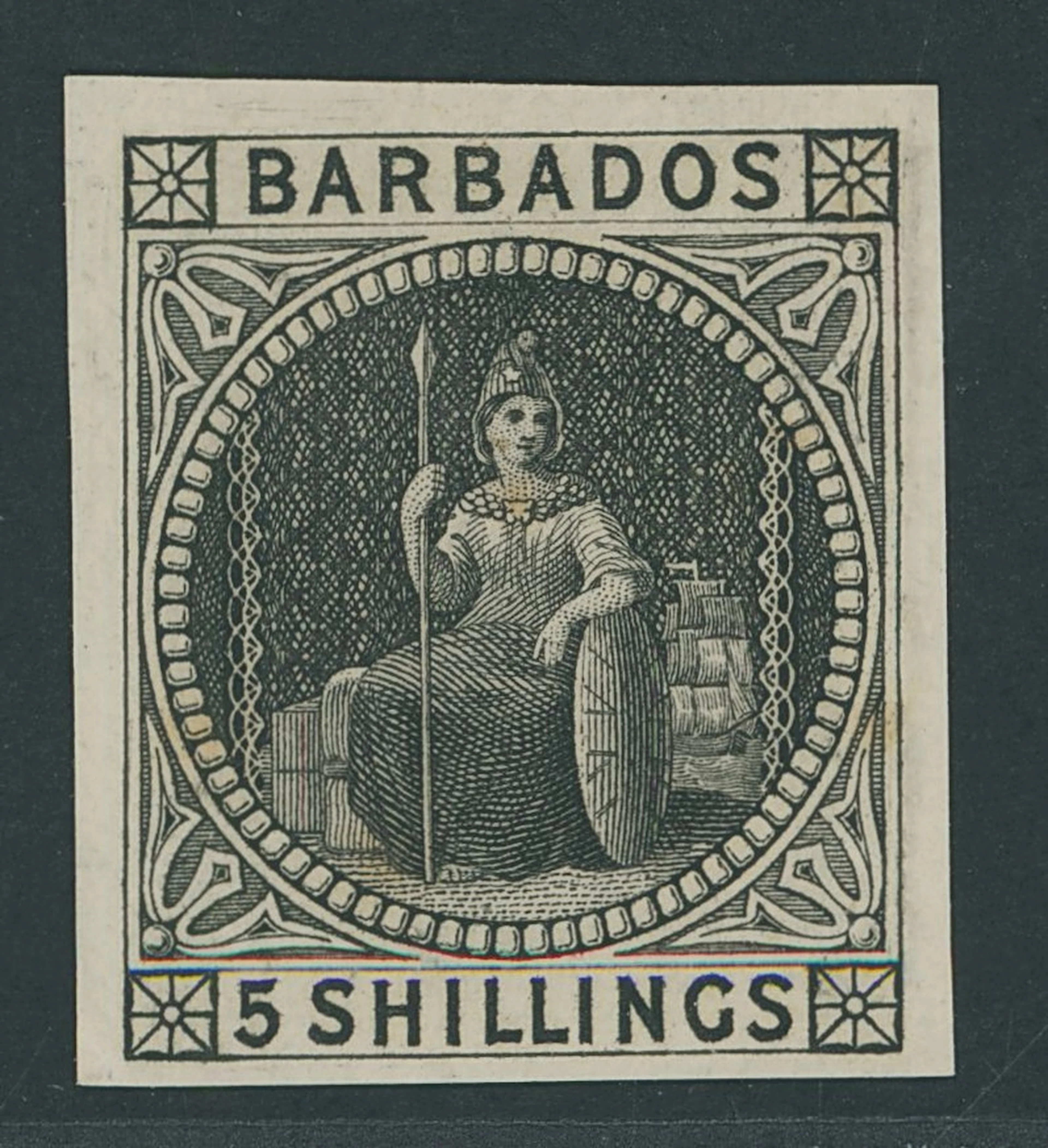 Barbados Issued Stamps 1873 (June) 5/- imperforate plate proof in