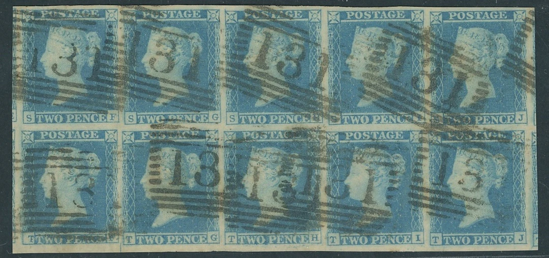 Great Britain 1841 Two Pence Blue Plate 4 SF-TJ, block of ten (5 x