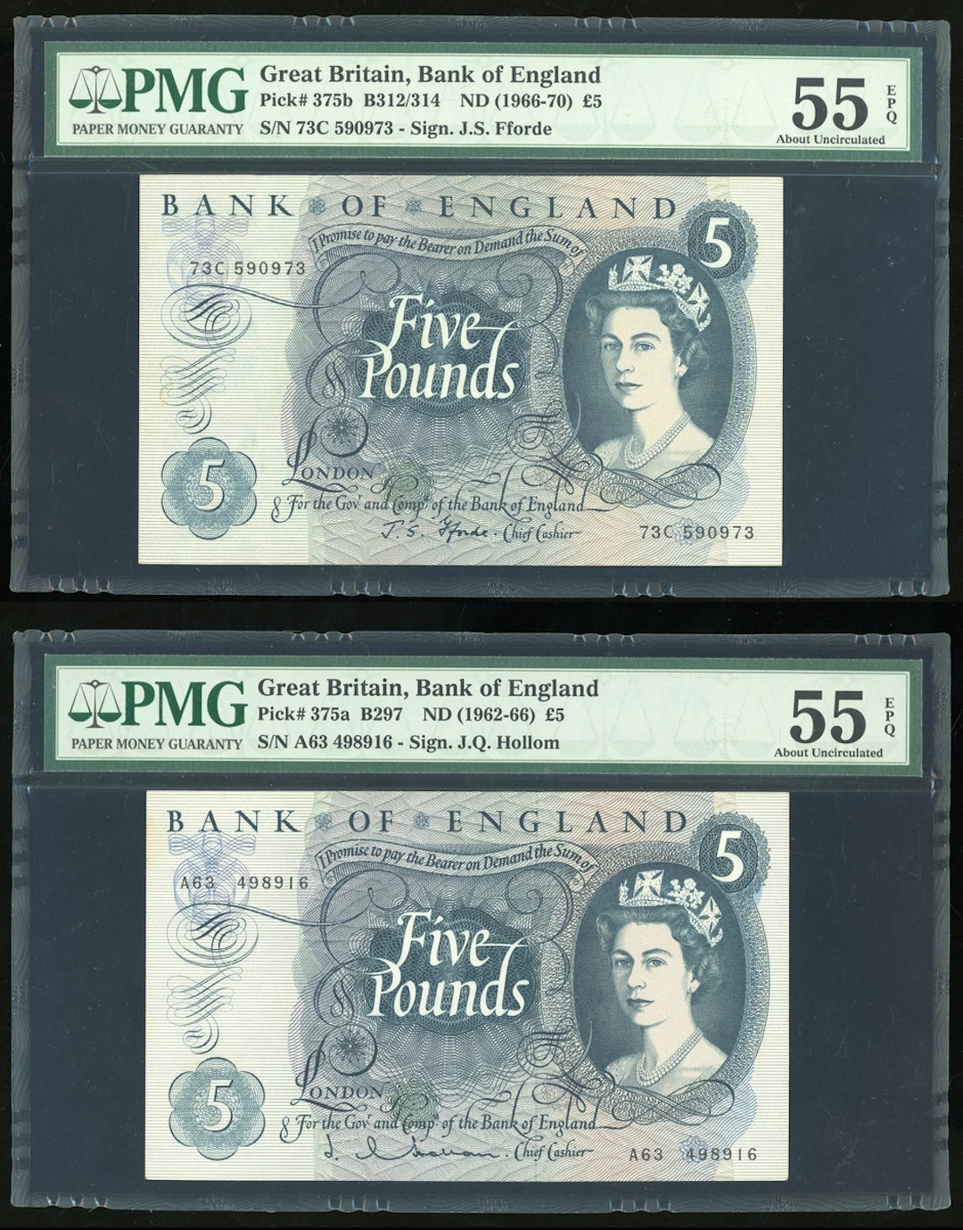 Bank of England, Great Britain, £5 (2), 1962-70, includes Hollom and