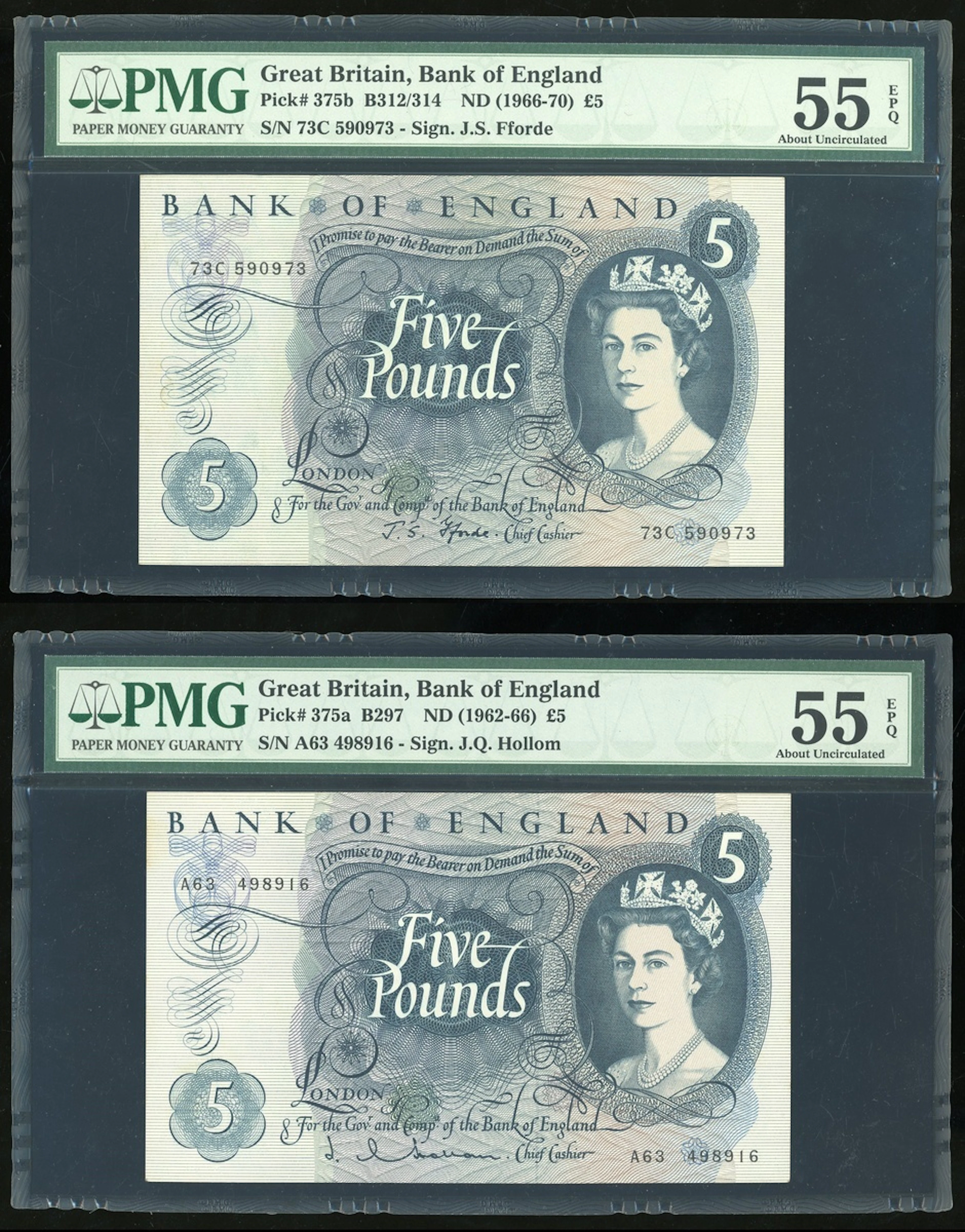 Bank of England, Great Britain, £5 (2), 1962-70, includes Hollom and