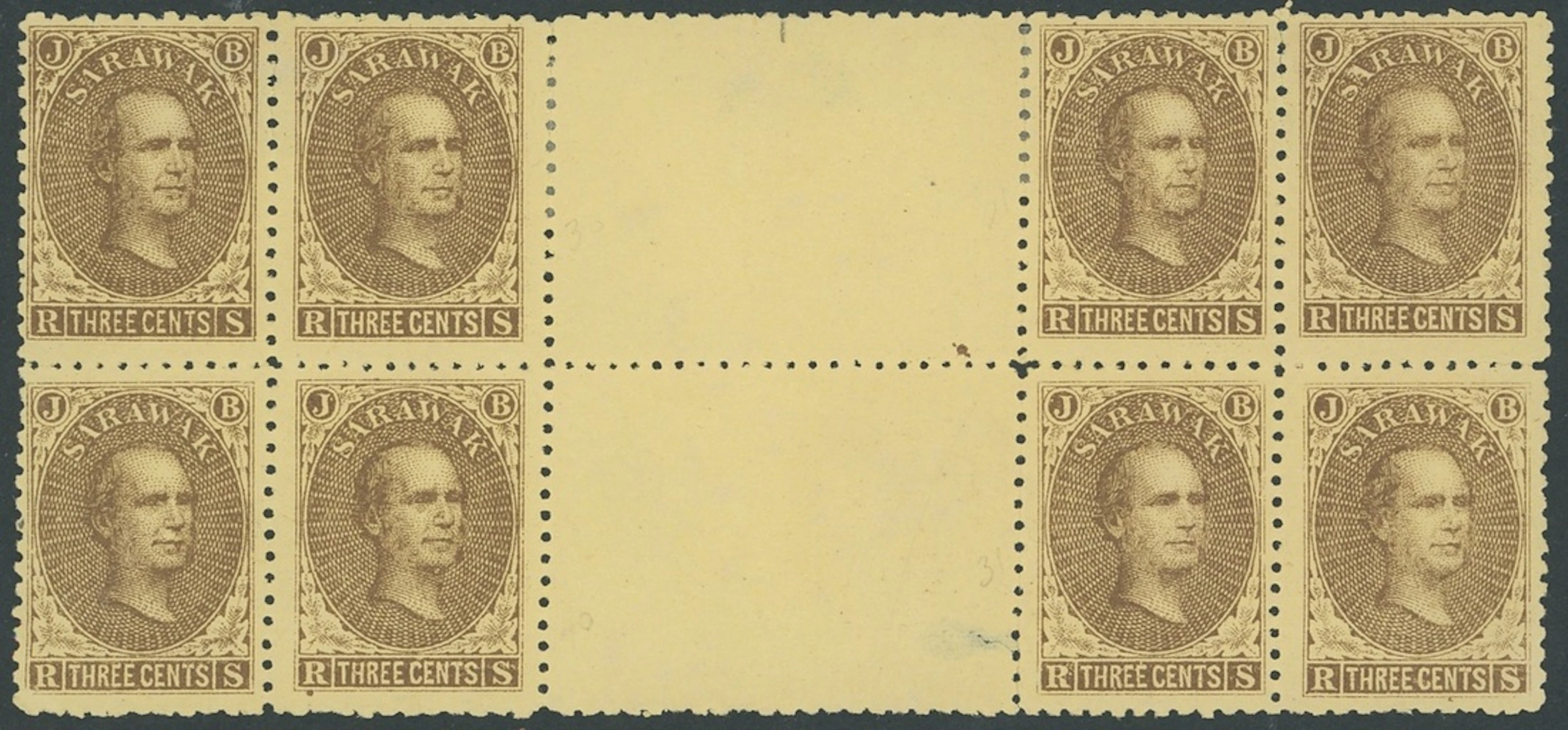 Sarawak 1869 Sir James Brooke Issued Stamps 3c. brown on yellow interpanneau