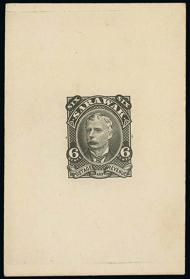 Sarawak 1895 Perkins Bacon Issue Die Proofs 6c. in black on surfaced