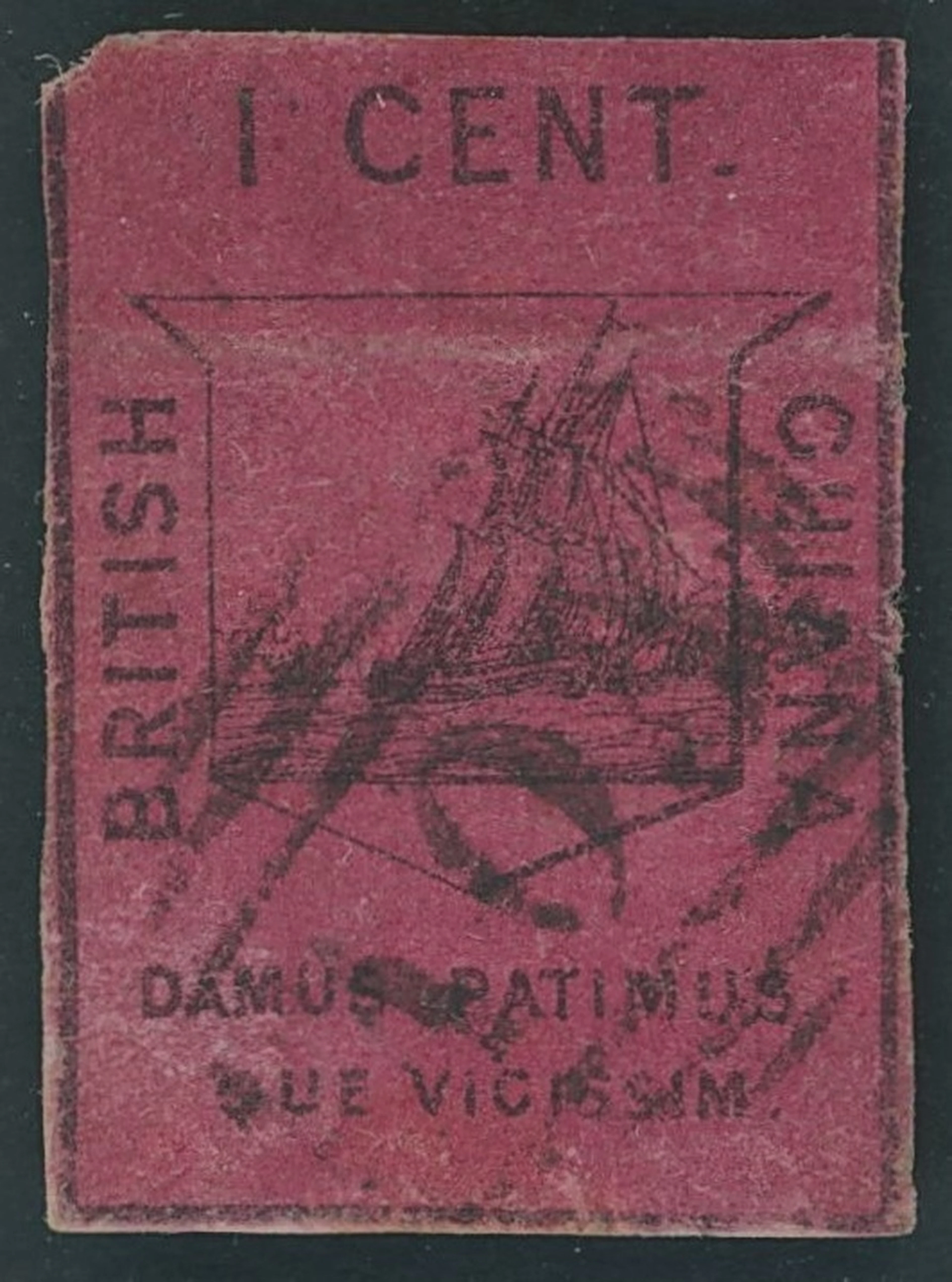 British Guiana 1852 1c. black on magenta, Type I, cut into frameline