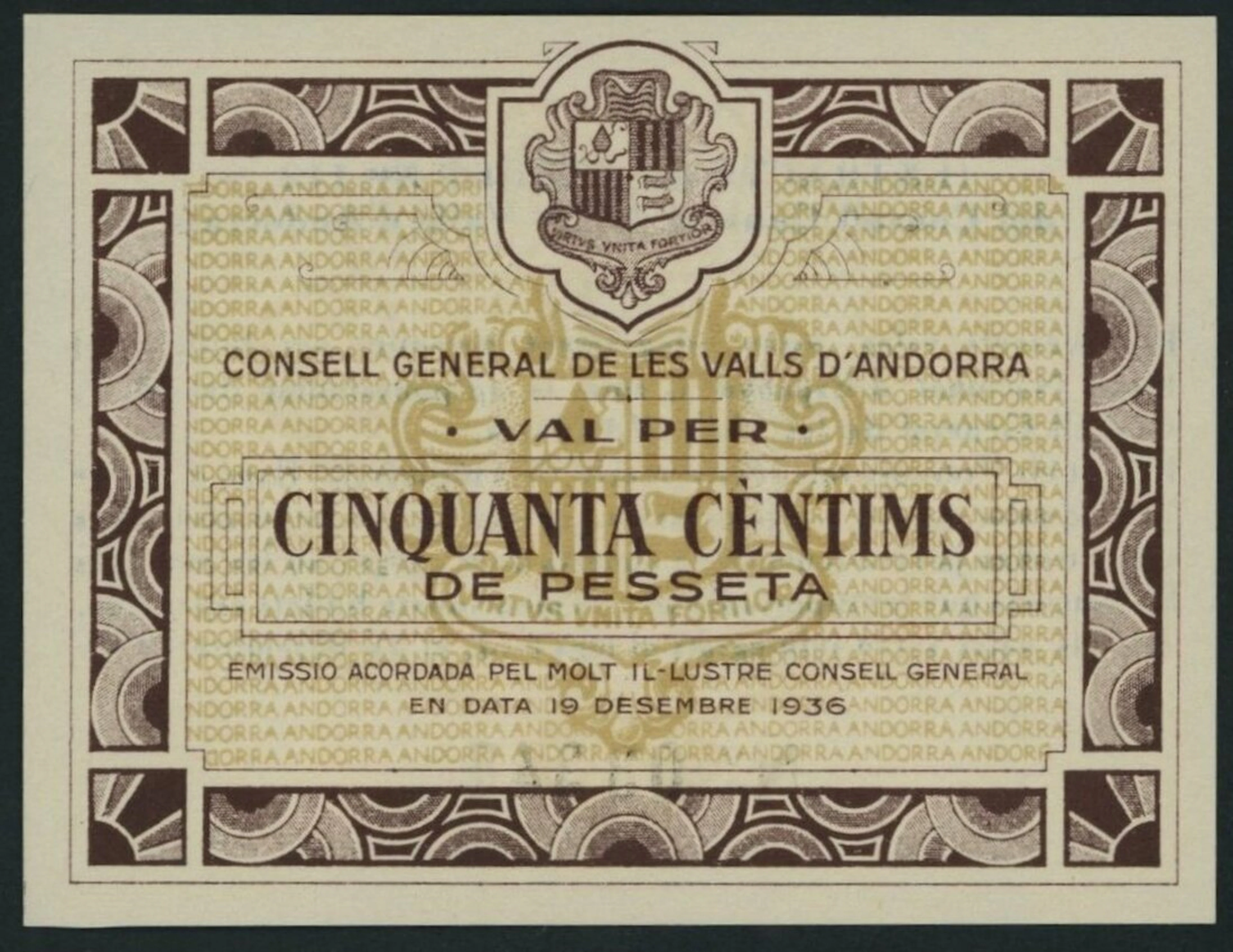 Consell General de les Valls, Andorra, 50 Centims, 19th December 1936