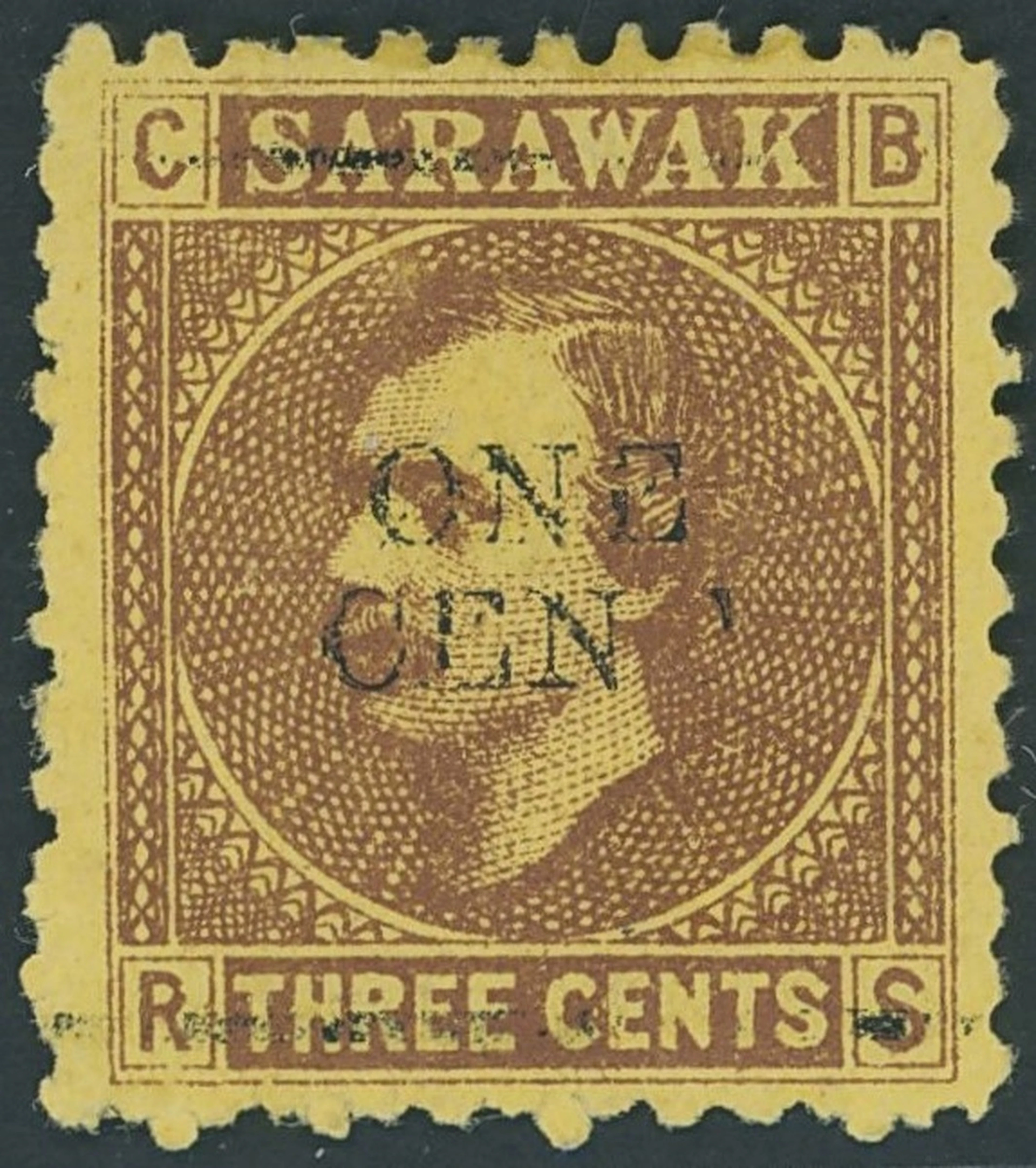 Sarawak 1892 (23 May) 1c. on 3c. Provisional "one/cent" on 3c. brown