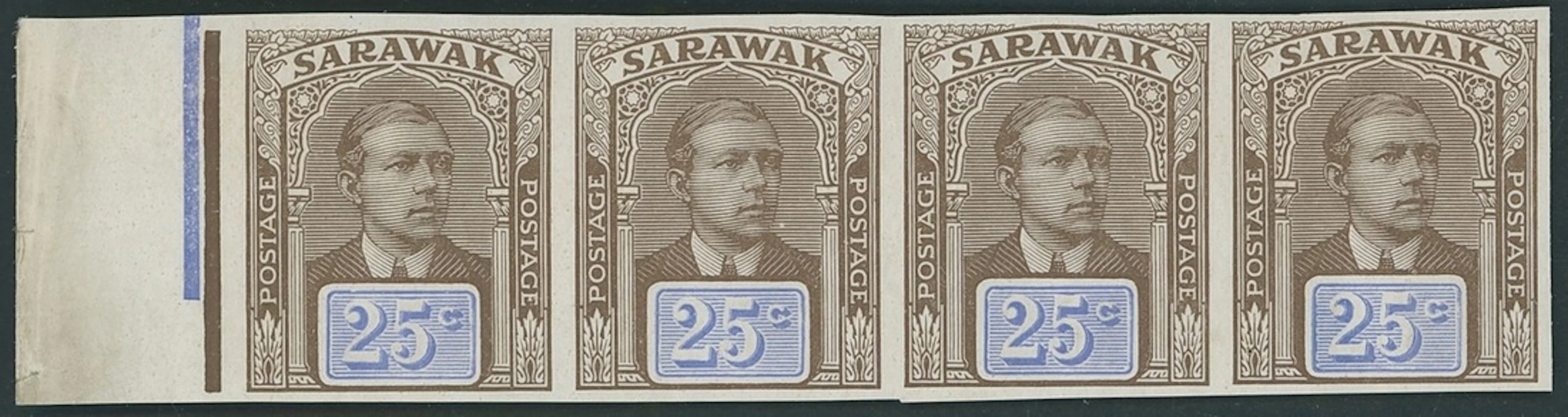 Sarawak 1918 Sir Charles Vyner Brooke Imperforate Plate Proofs 25c.