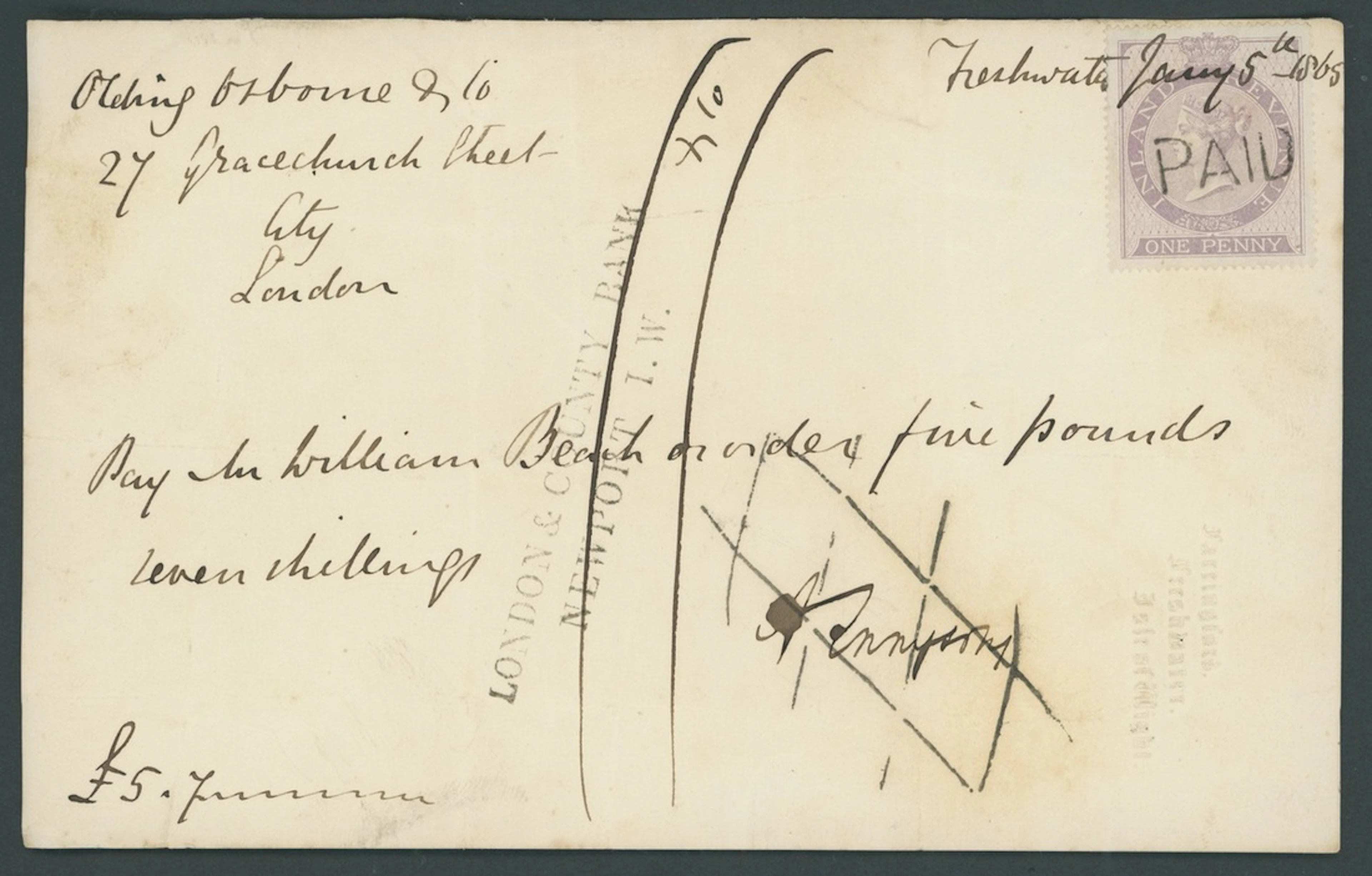 Great Britain Alfred Lord Tennyson (1809-1892) 1865 (5 Jan.) Autograph