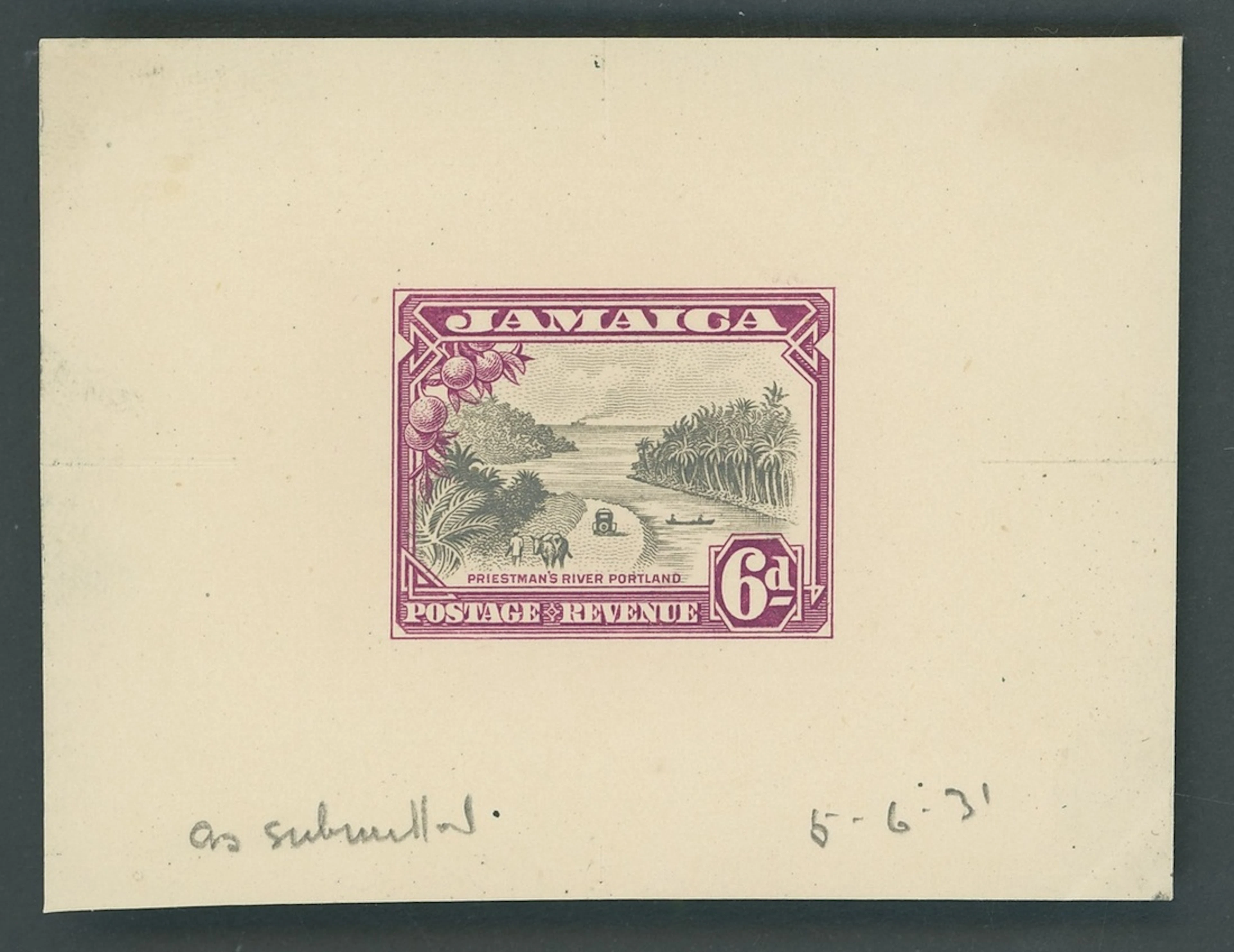 Jamaica 1932 Pictorial 6d. die proof in grey-black and purple on wove