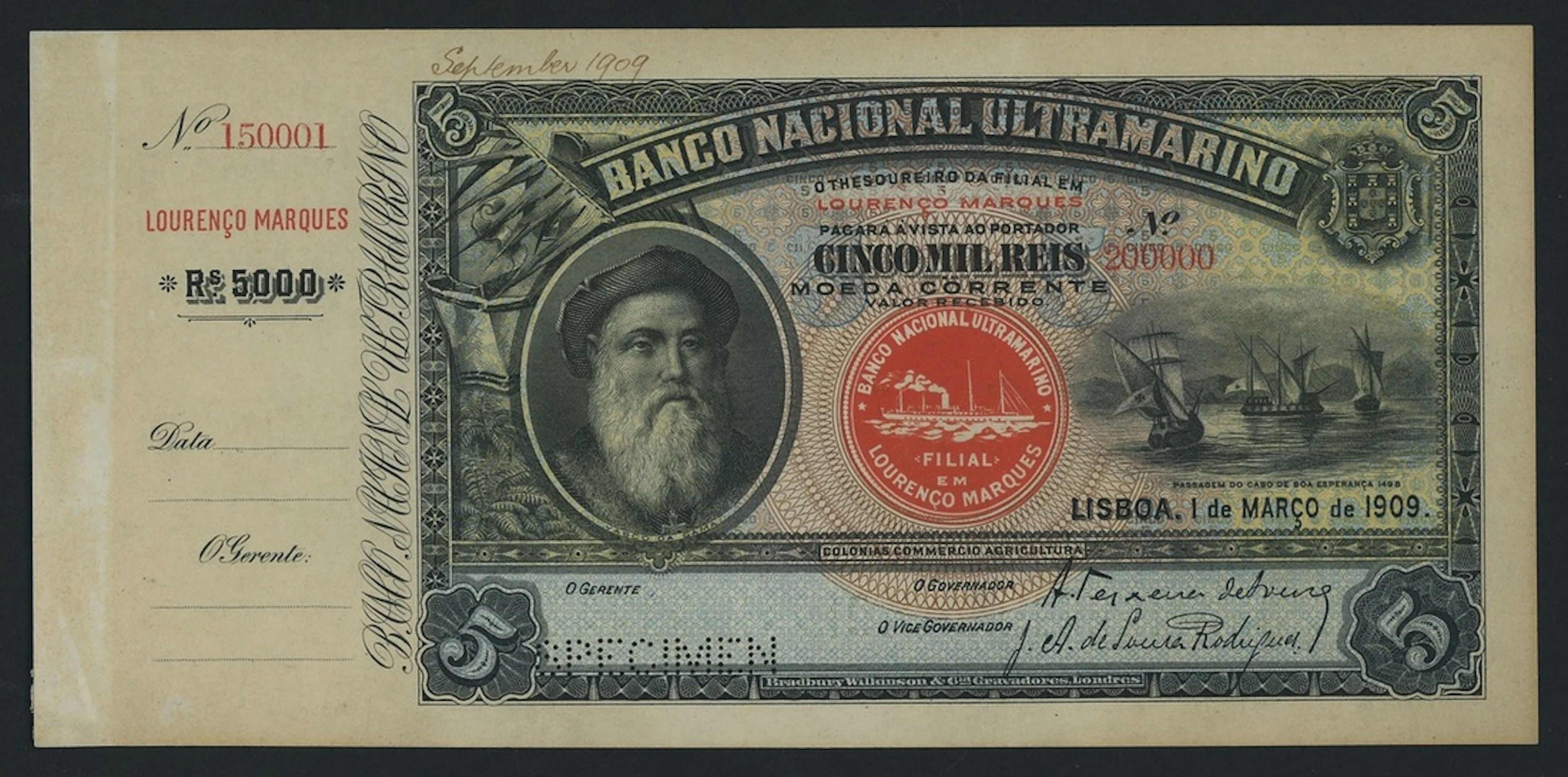 Banco Nacional Ultramarino, Mozambique, specimen 5000 Reis, 1st March