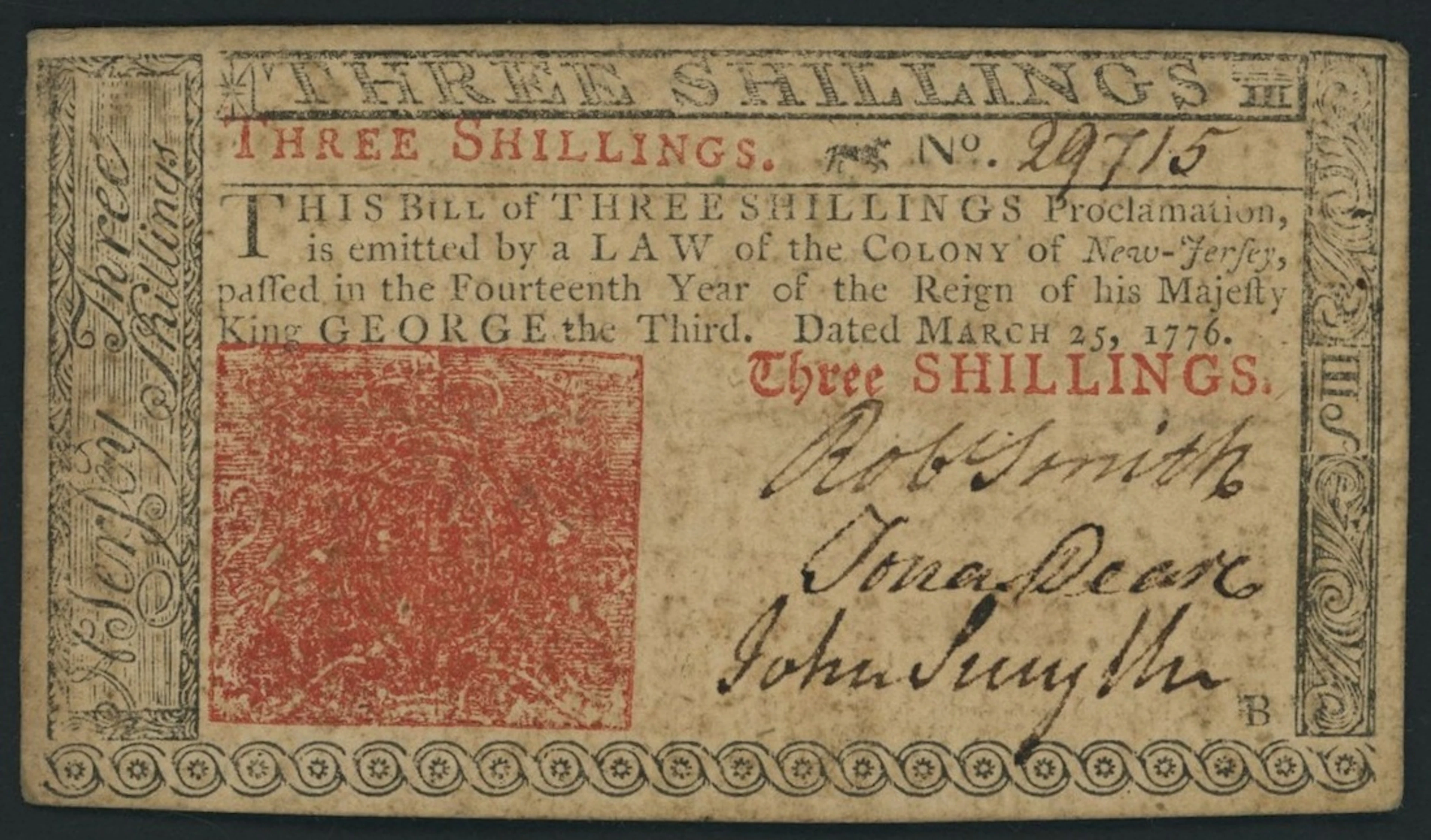 USA, Jersey Colonial Currency, Three Shillings, 25th March 1776, serial