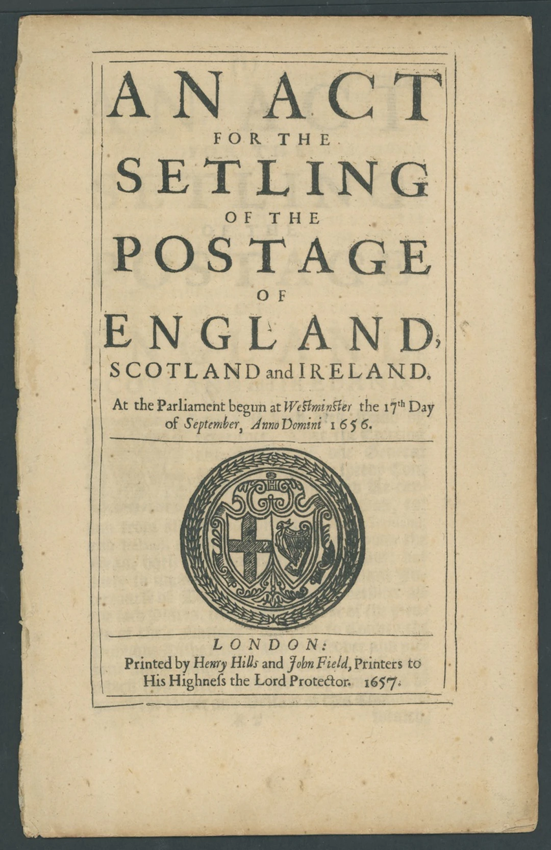 Great Britain Postal History 1656 (Sept. 17), "an act/for the/settling/of